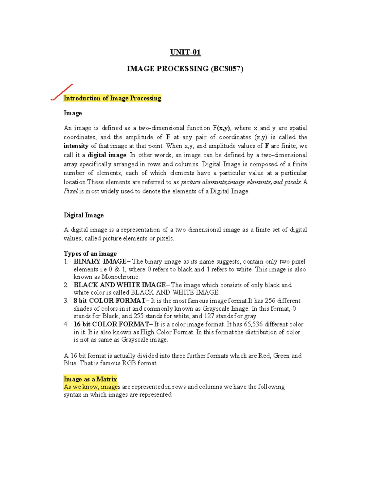 IMAGE PROCESSING (BCS057) Unit 1: Introduction to Digital Images - Studocu