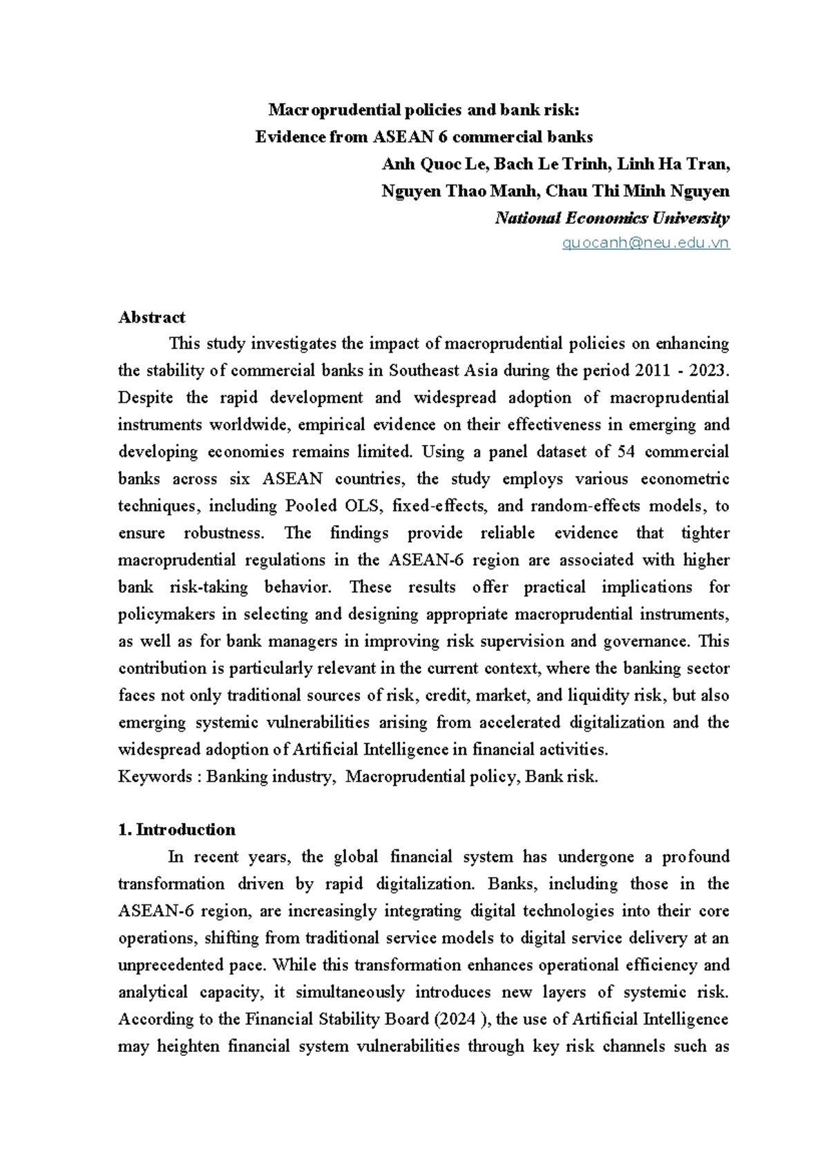 Macroprudential Policies and Bank Risk: Evidence from ASEAN 6 (S7 ...