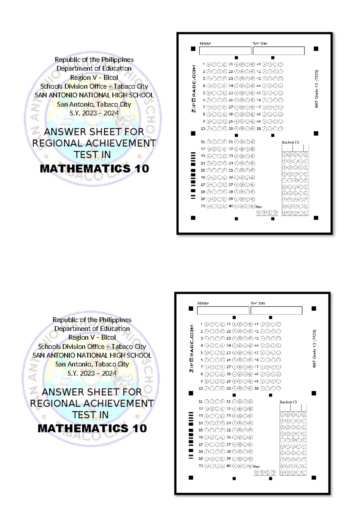 RAT-Answer-Sheet-Grade-10 - Republic of the Philippines Department of ...