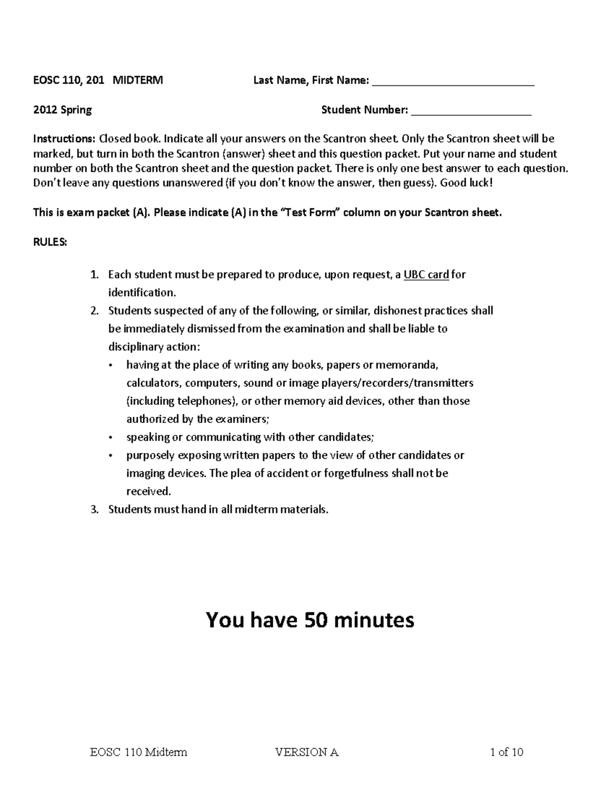 Midterm Spring 2012 Master A - EOSC 110, 201 MIDTERM Last Name, First ...