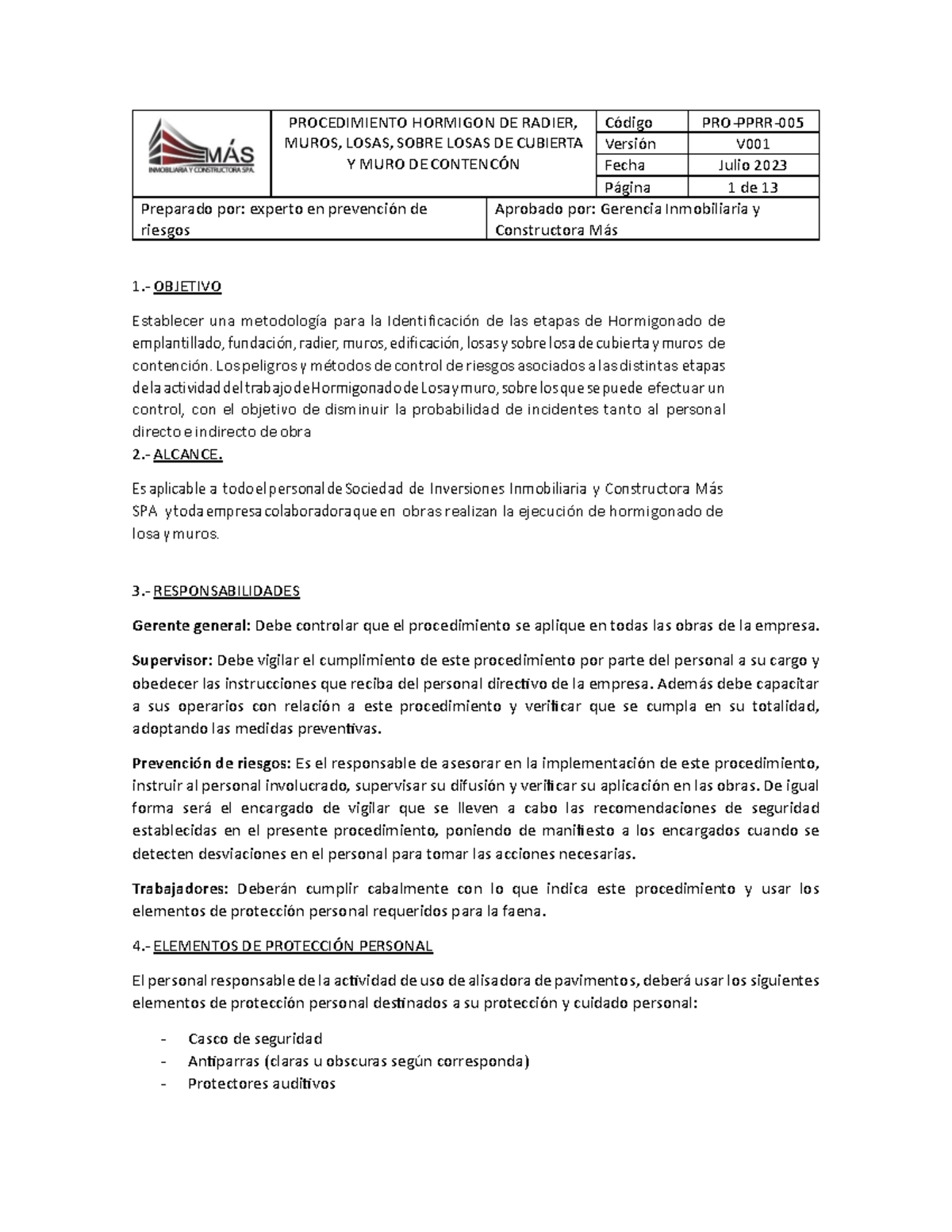 Procedimiento de Trabajo Seguro para Hormigonado de Muros y Losas (8B) - Document Preview