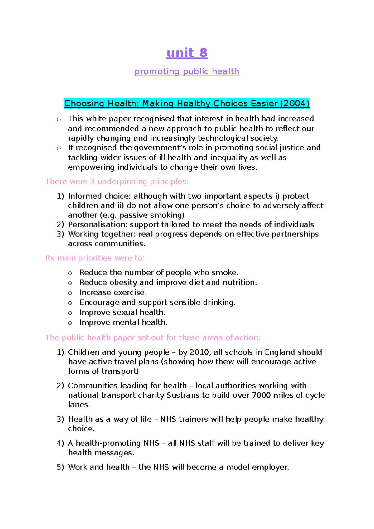 Unit 8 - Level 3 Health & Social Care: Promoting Public Health - Studocu