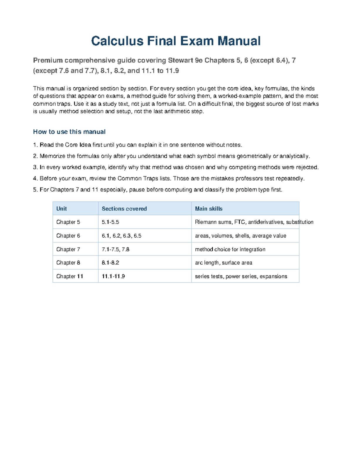 Calculus 101 Final Exam Study Guide: Stewart 9e Chapters 5-8, 11 - Studocu