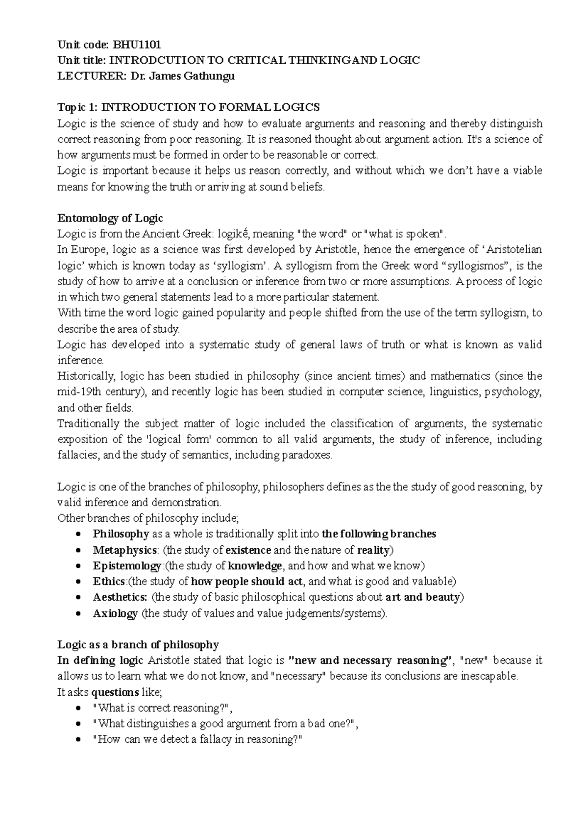 BHU1101: Introduction to Critical Thinking and Logic - Topic Summaries ...