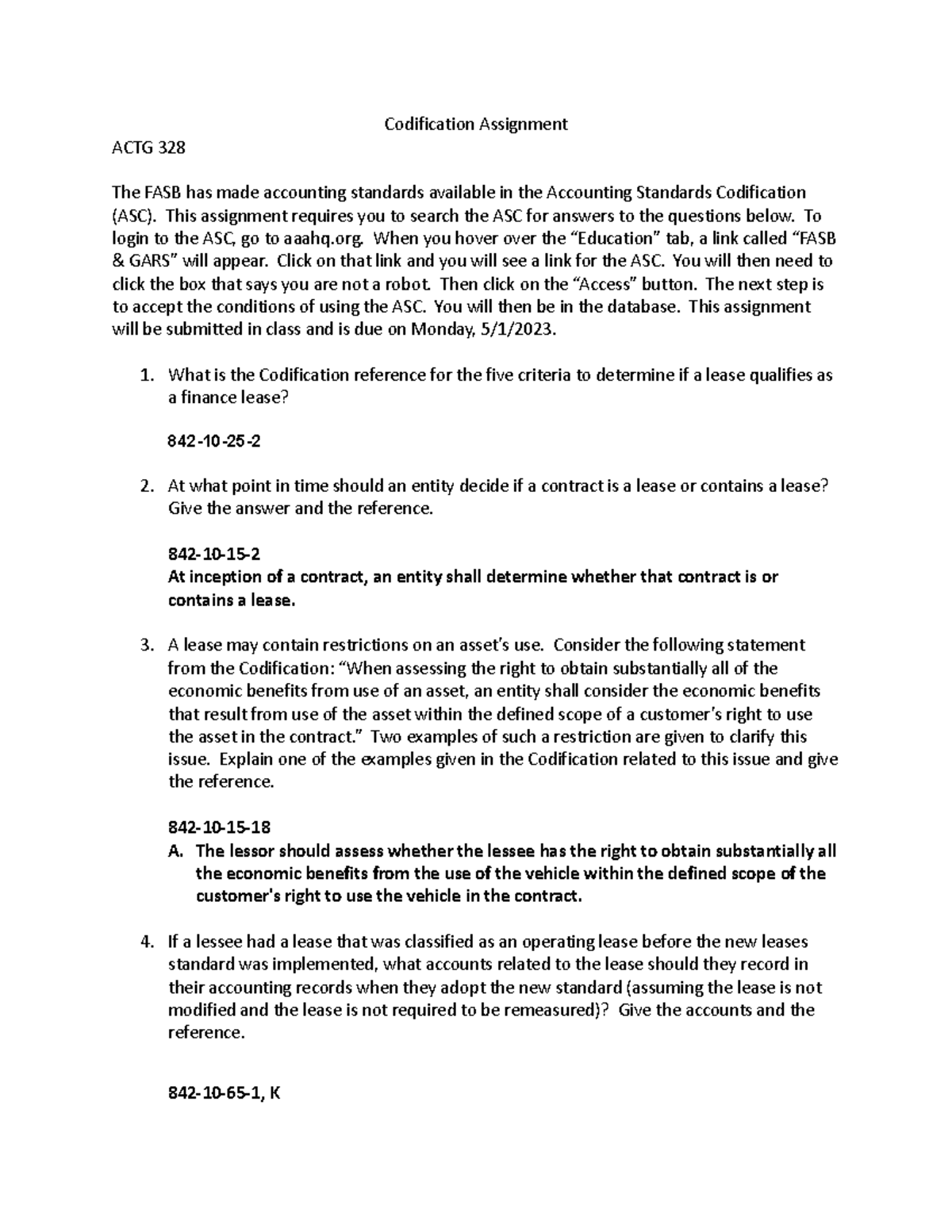 Codification Assignment - ACTG 328 Overview and Resources - Studocu