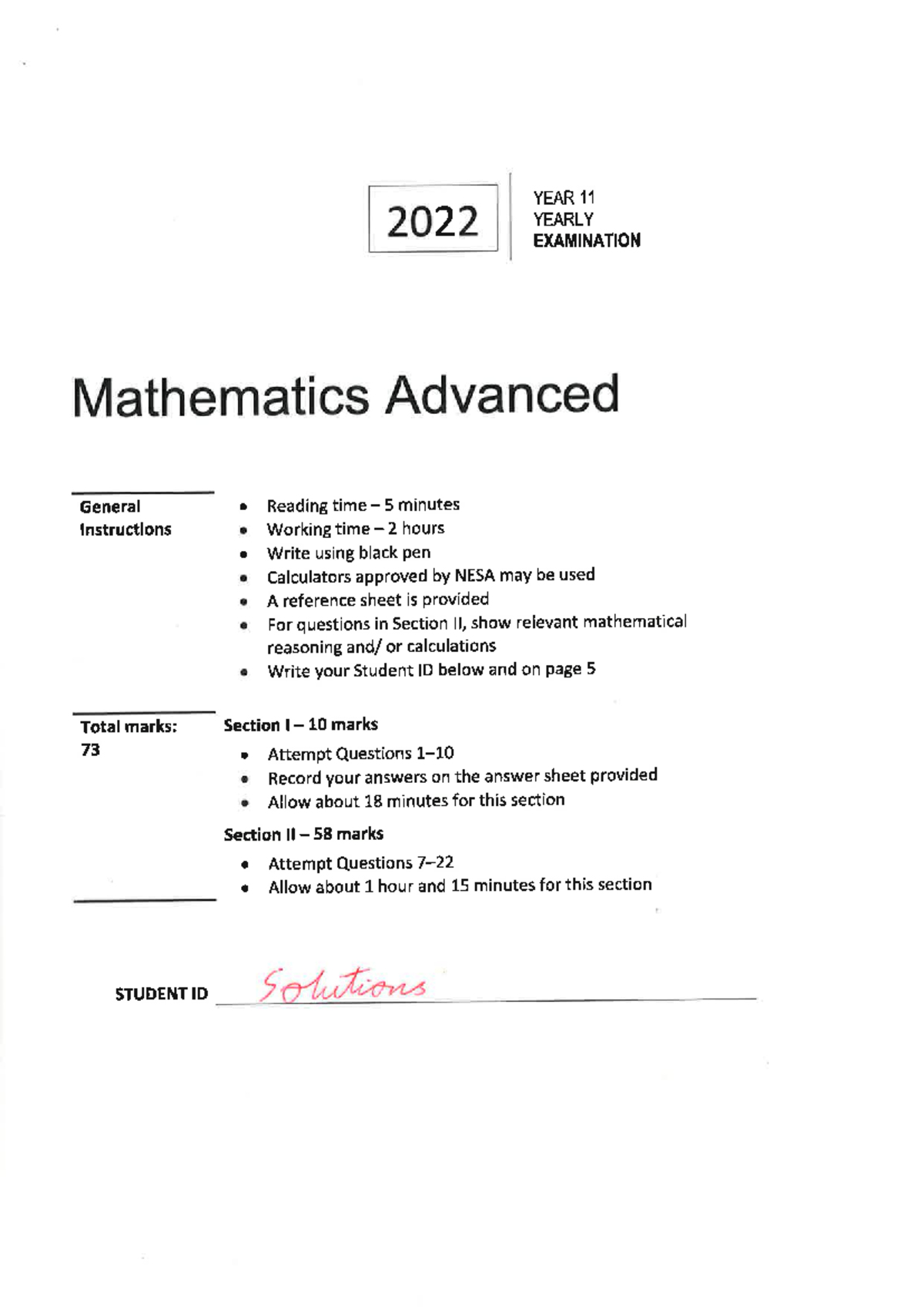 2022 Year 11 Mathematics Advanced Final Exam Instructions and Questions ...