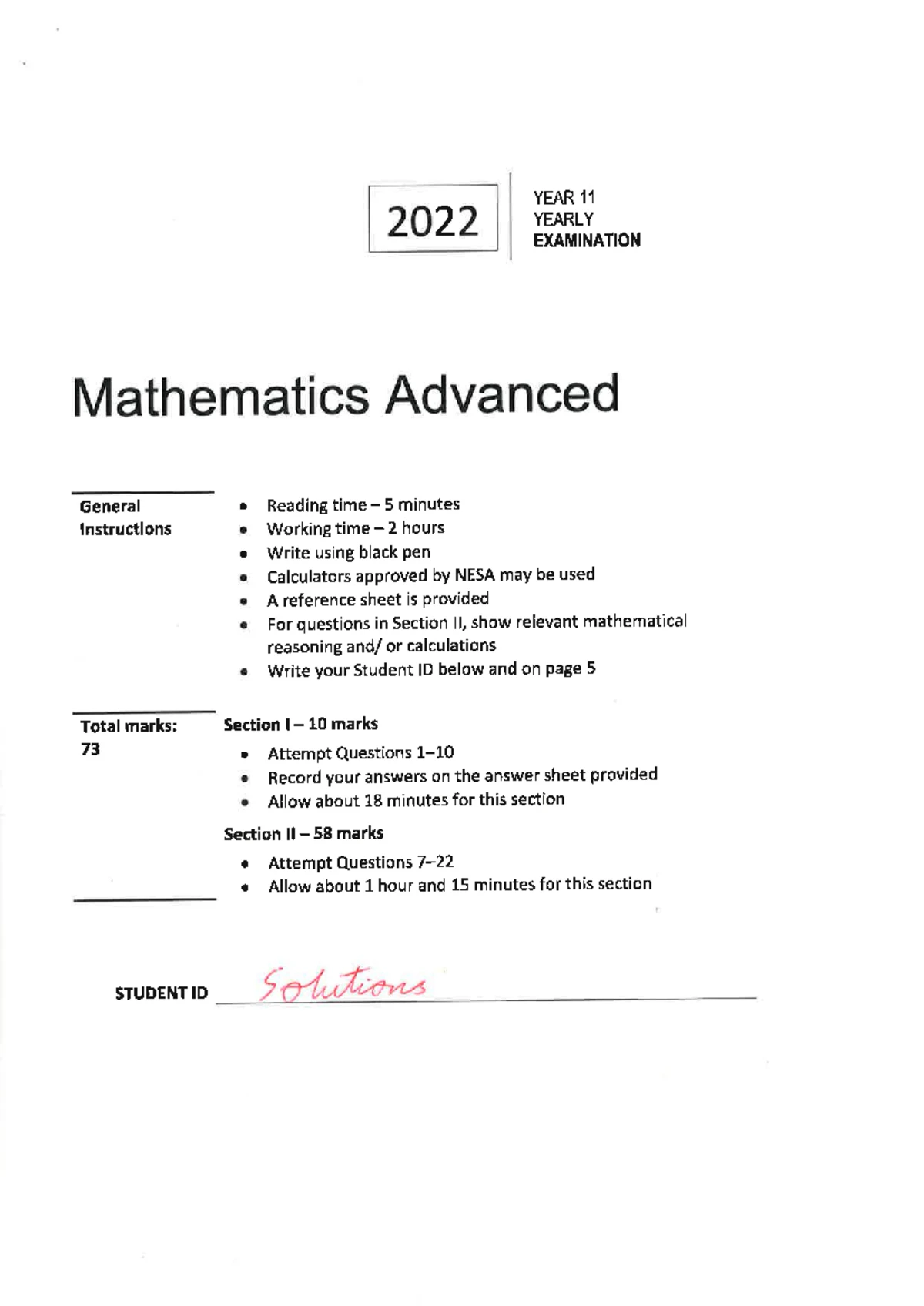 2022 Year 11 Mathematics Advanced Yearly Exam Instructions & Questions ...