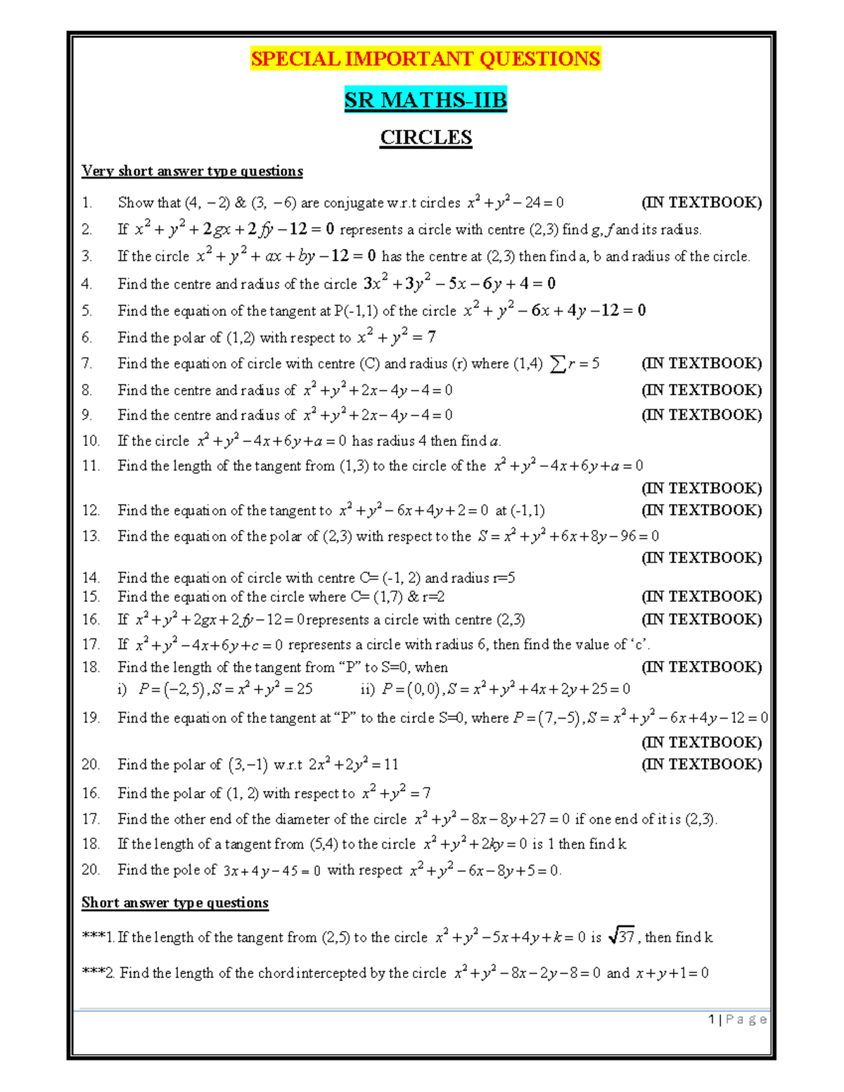 MAT-IIB Final Exam Preparation: Important Questions on Circles and ...