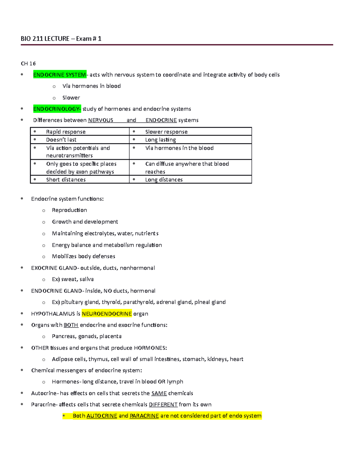 BIO 211 Exam #1 Notes: Endocrine System Overview and Functions - Studocu