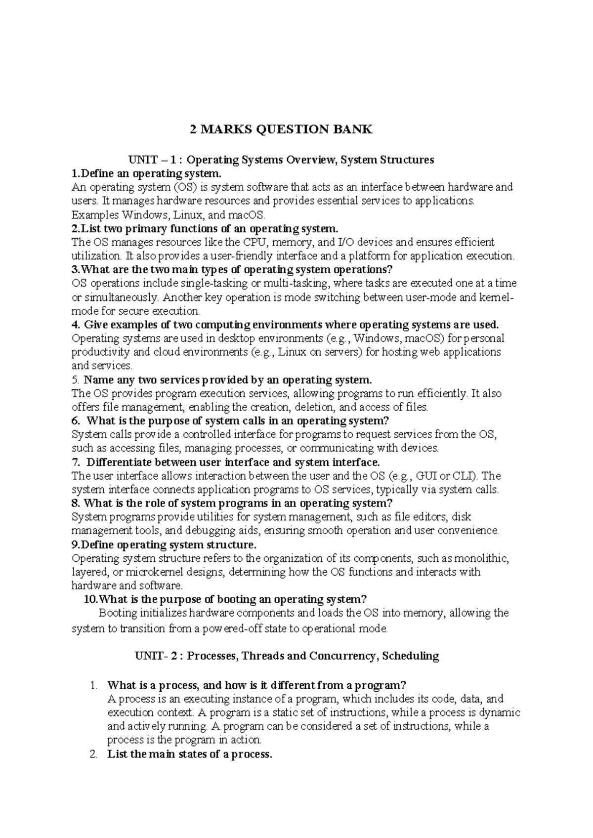 OS.2 Mark Questions & Answers - 2 Marks Question Bank Study Guide - Studocu