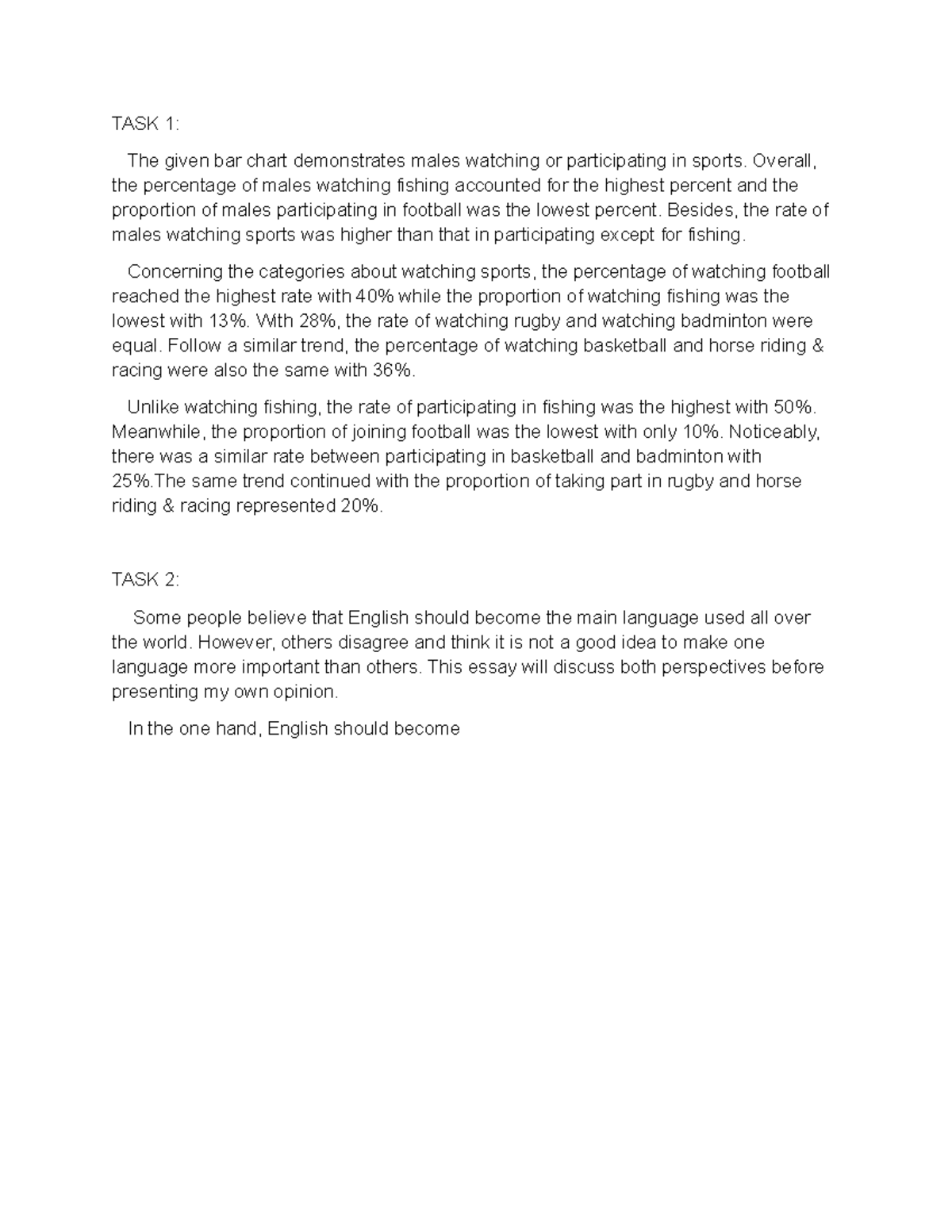 Writing Task 1 & 2 - Sports Participation & Language Debate - Studocu