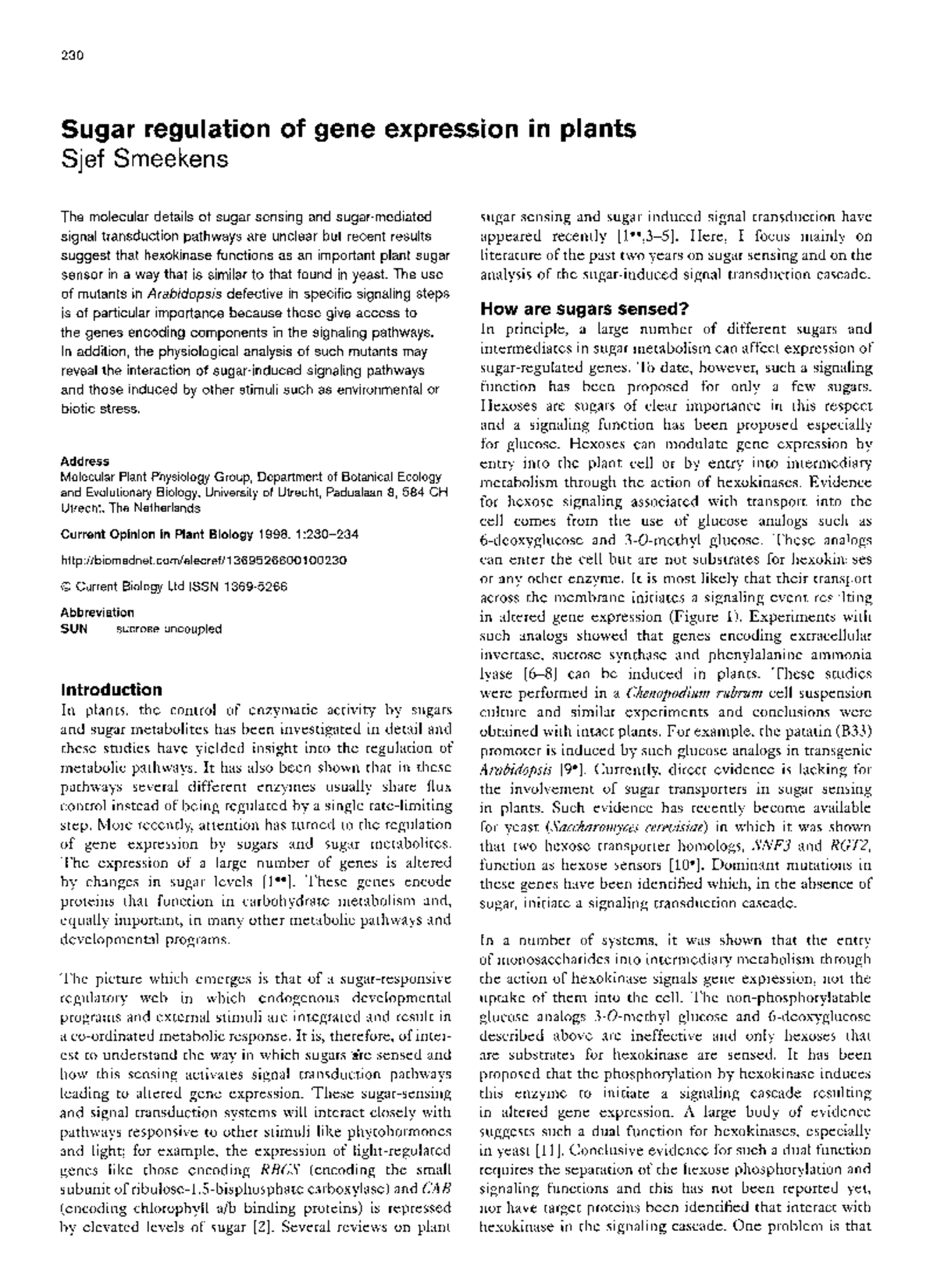 Sugar Regulation of Gene Expression in Plants - 230 Sugar regulation of ...