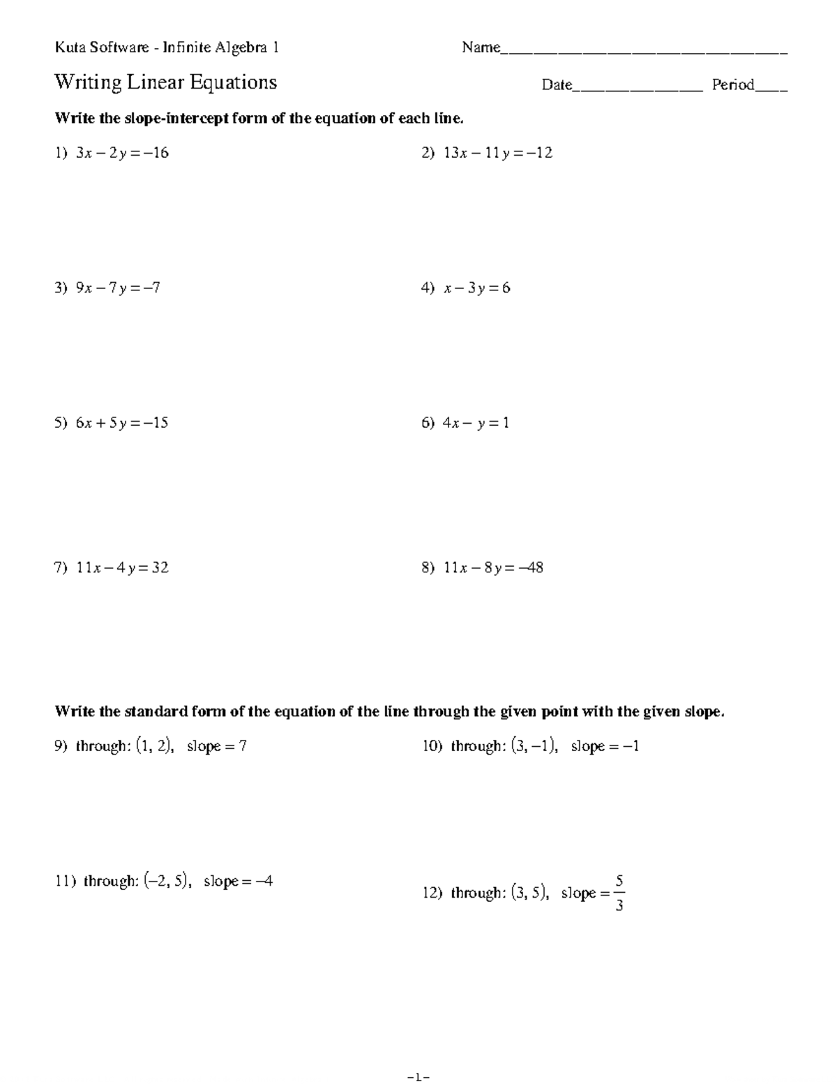 Kuta Software Infinite Algebra 1: Writing Linear Equations Worksheet ...