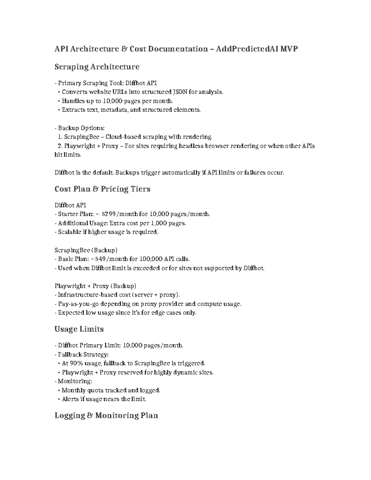 API Architecture Cost Documentation for AddPredictedAI MVP - Studocu