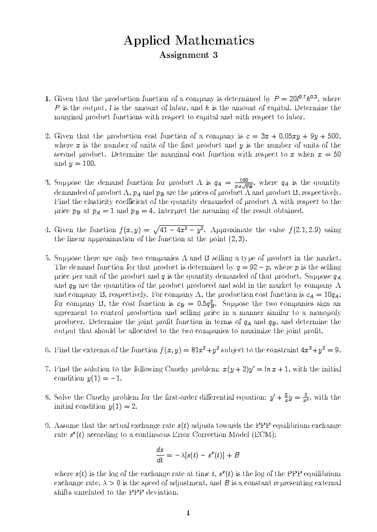Applied Mathematics Assignment 3: Production & Cost Functions - Studocu