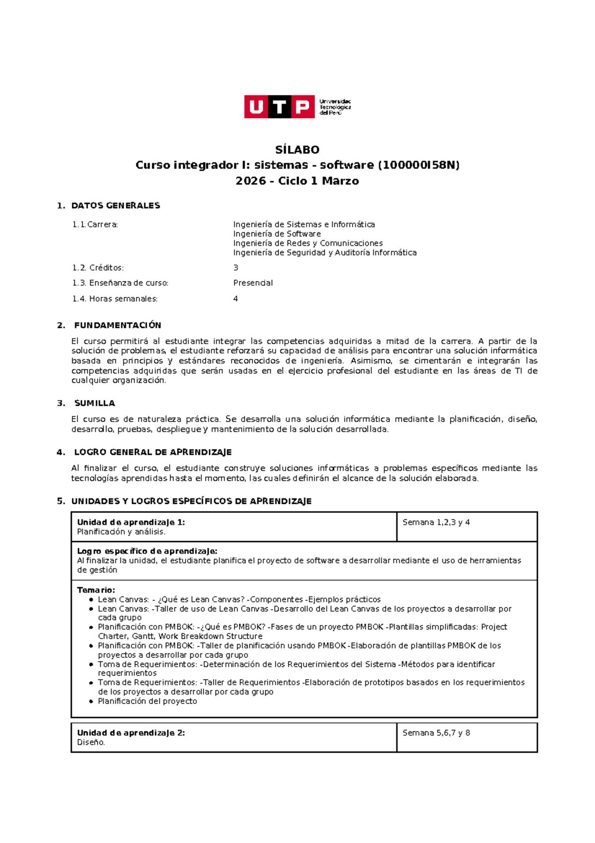 SÍLABO Curso Integrador I: Sistemas Software 2026 Ciclo 1 - Document Preview