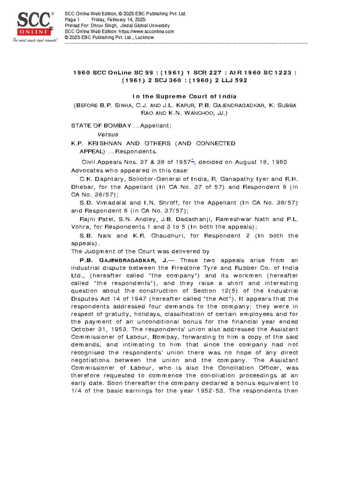 State of Bombay v K P Krishnan - 1960 SCC OnLine SC 99 : (1961) 1 SCR ...