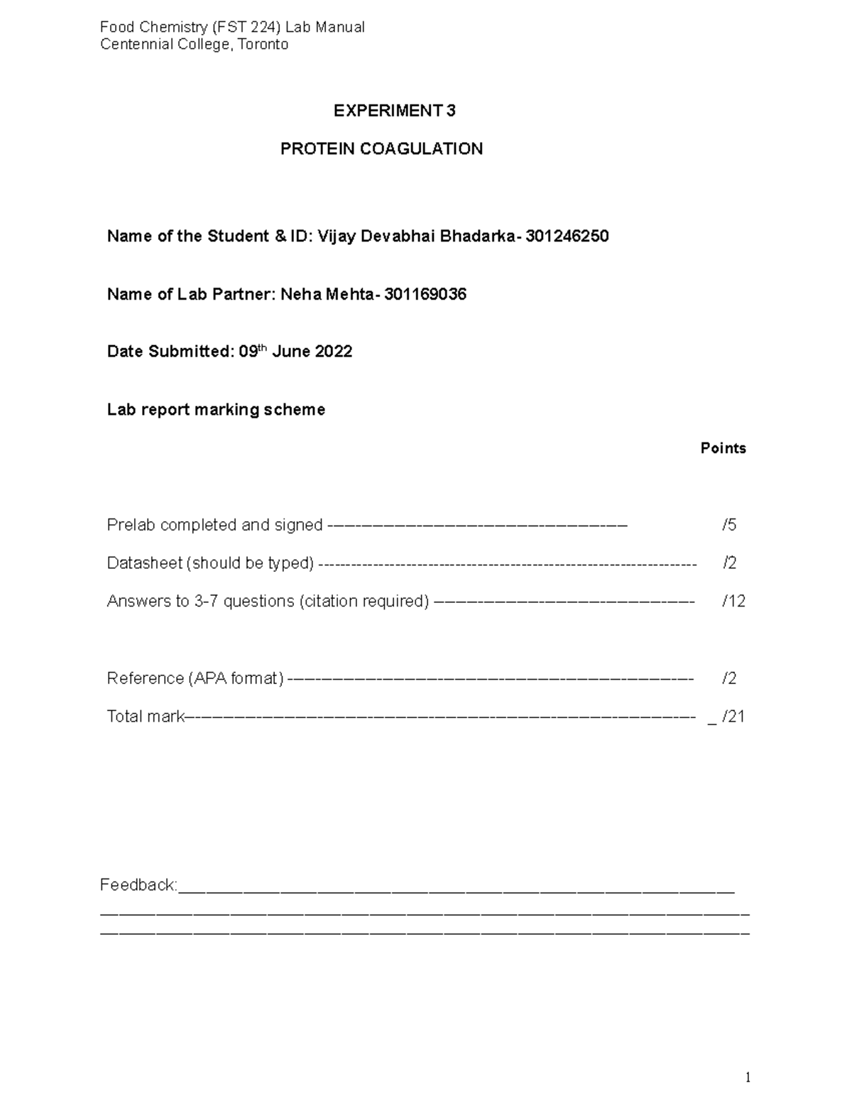 Exp. #3 - Protein Coagulation Lab Report (Centennial College) - Studocu