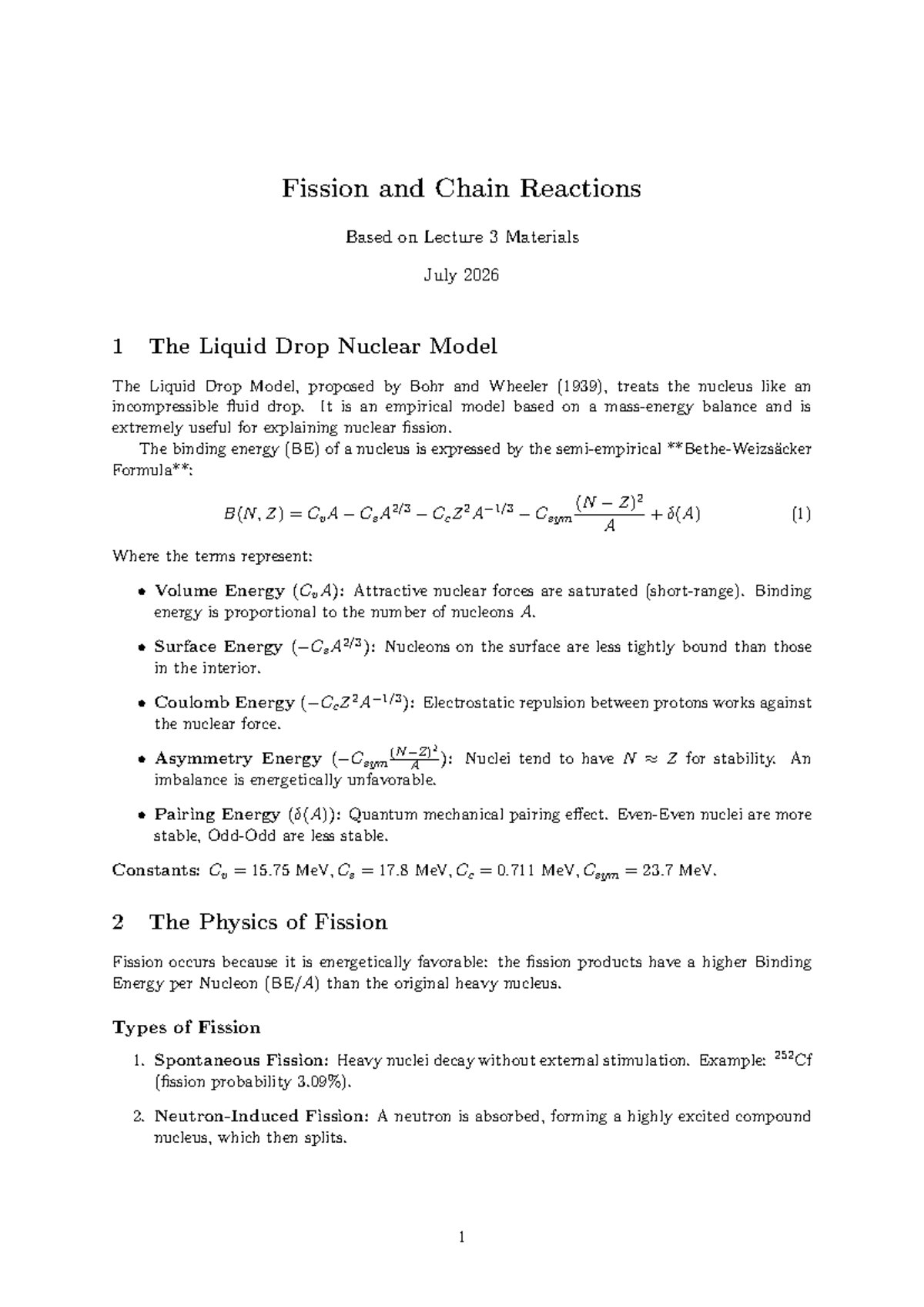 Nuclear Fission and Chain Reactions: Lecture 3 Notes (FN E) - Studocu