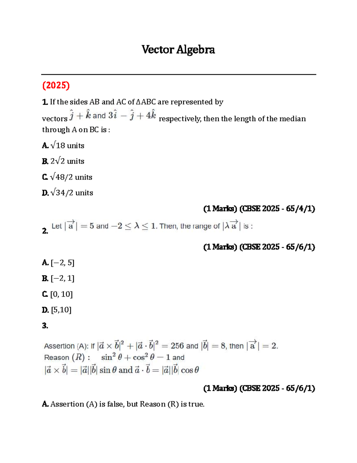(2025) Vector Algebra - Previous Year Questions (PYQ) - Studocu