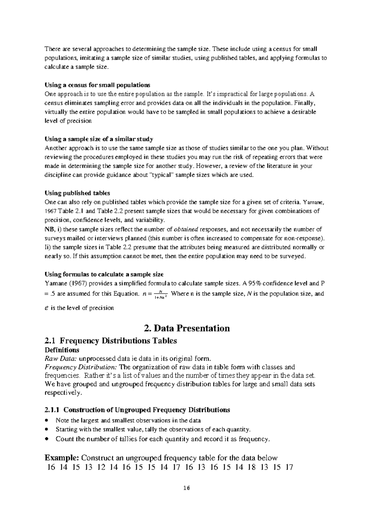 Sample Size Determination and Data Presentation Techniques - Studocu