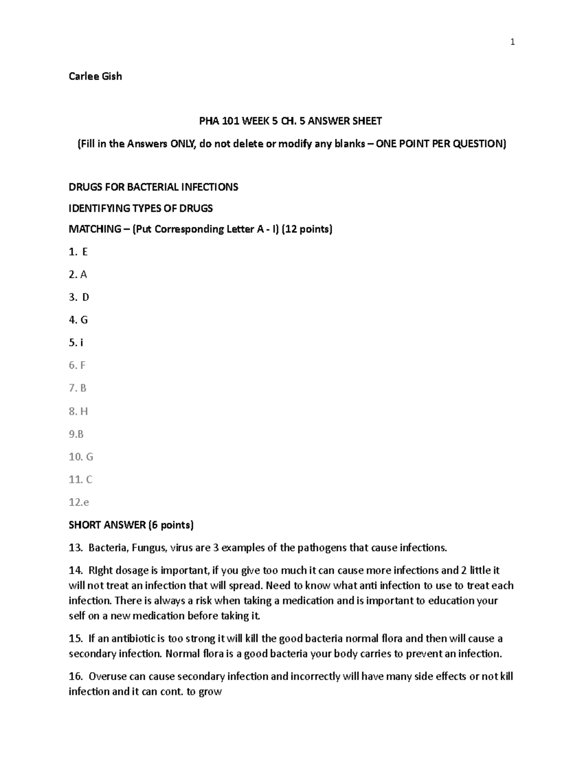 PHA 101 WEEK 5 Answer Sheet - Carlee Gish PHA 101 WEEK 5 CH. 5 ANSWER ...