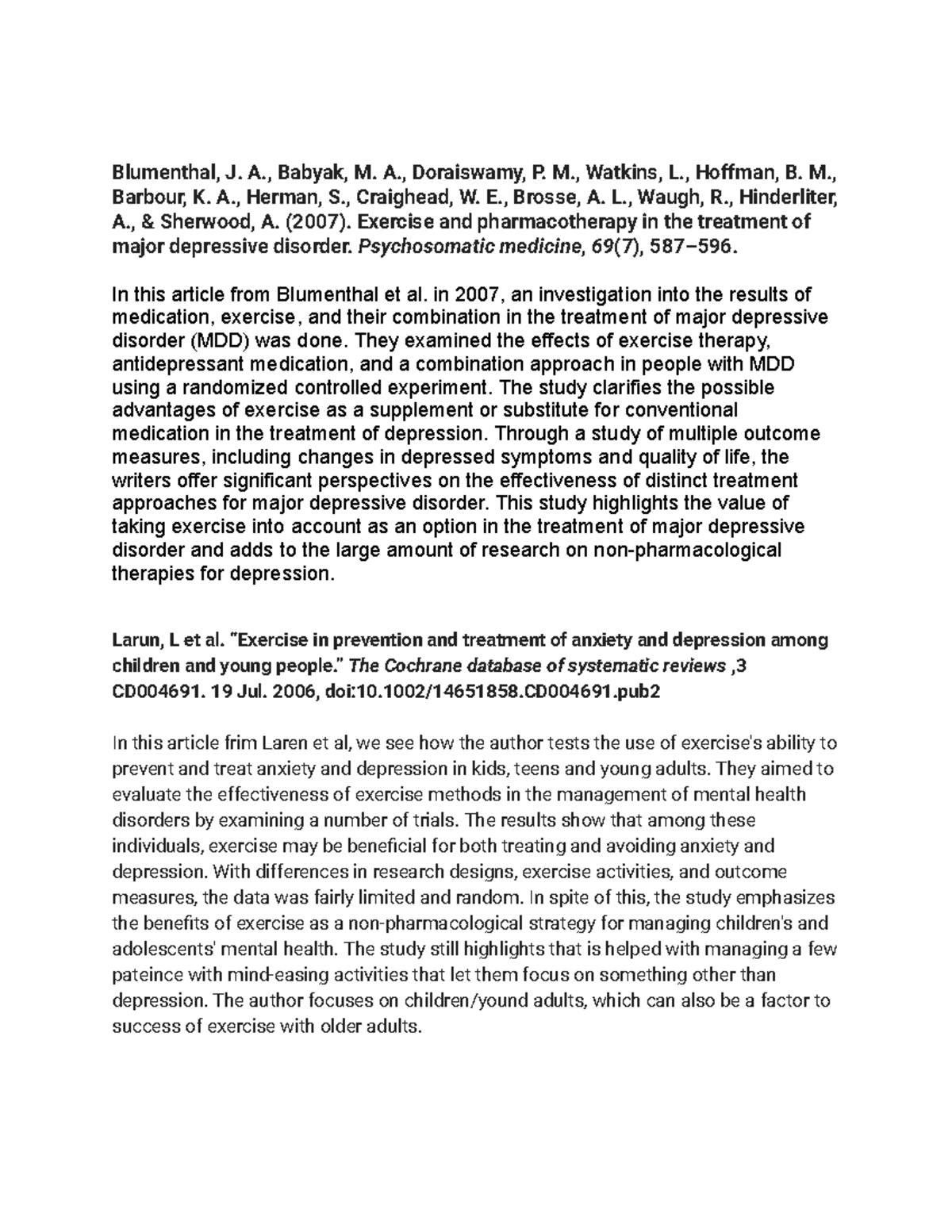 AB Sources on Exercise as Treatment for Depression and Anxiety in MDD ...