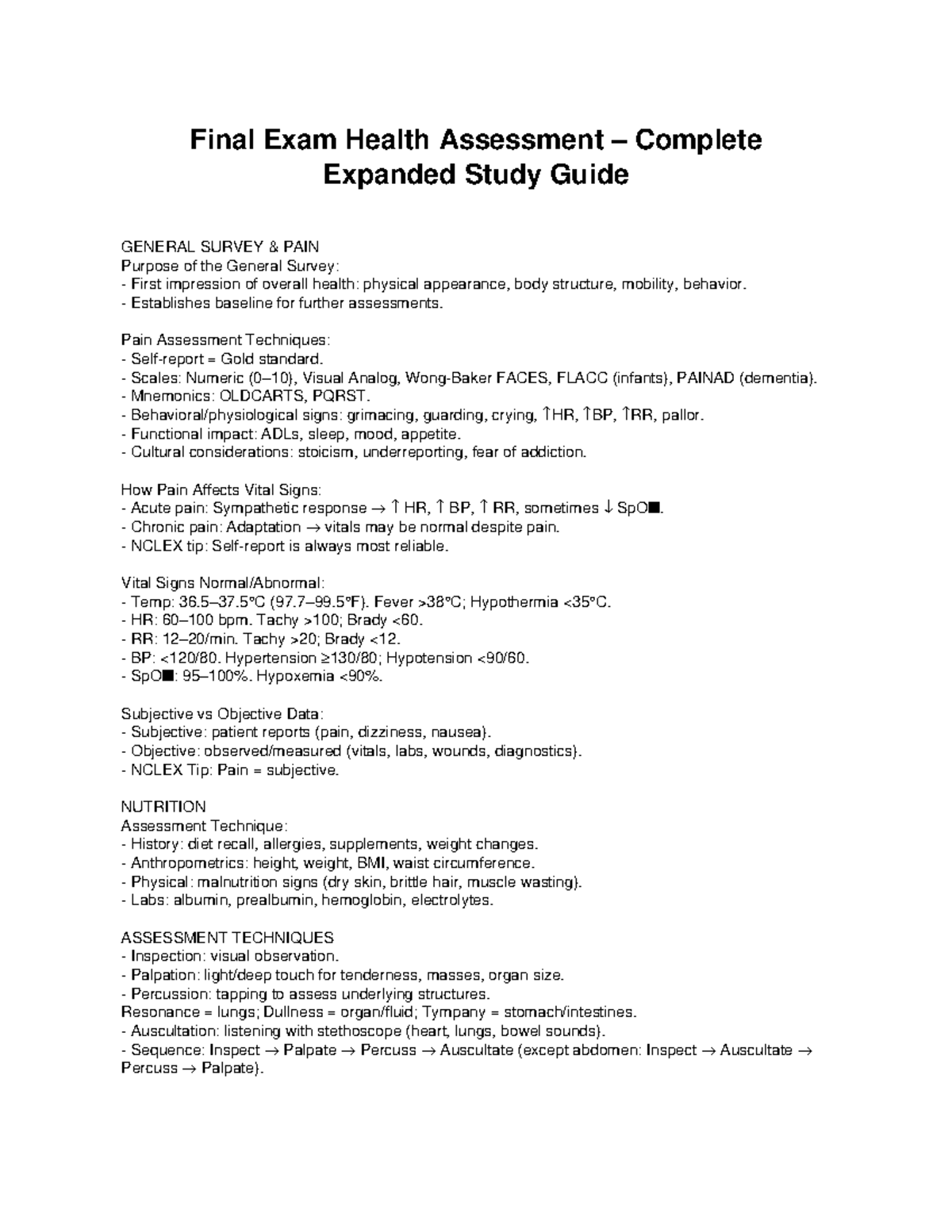 Final Exam Study Guide for Health Assessment Techniques (NURS 101 ...