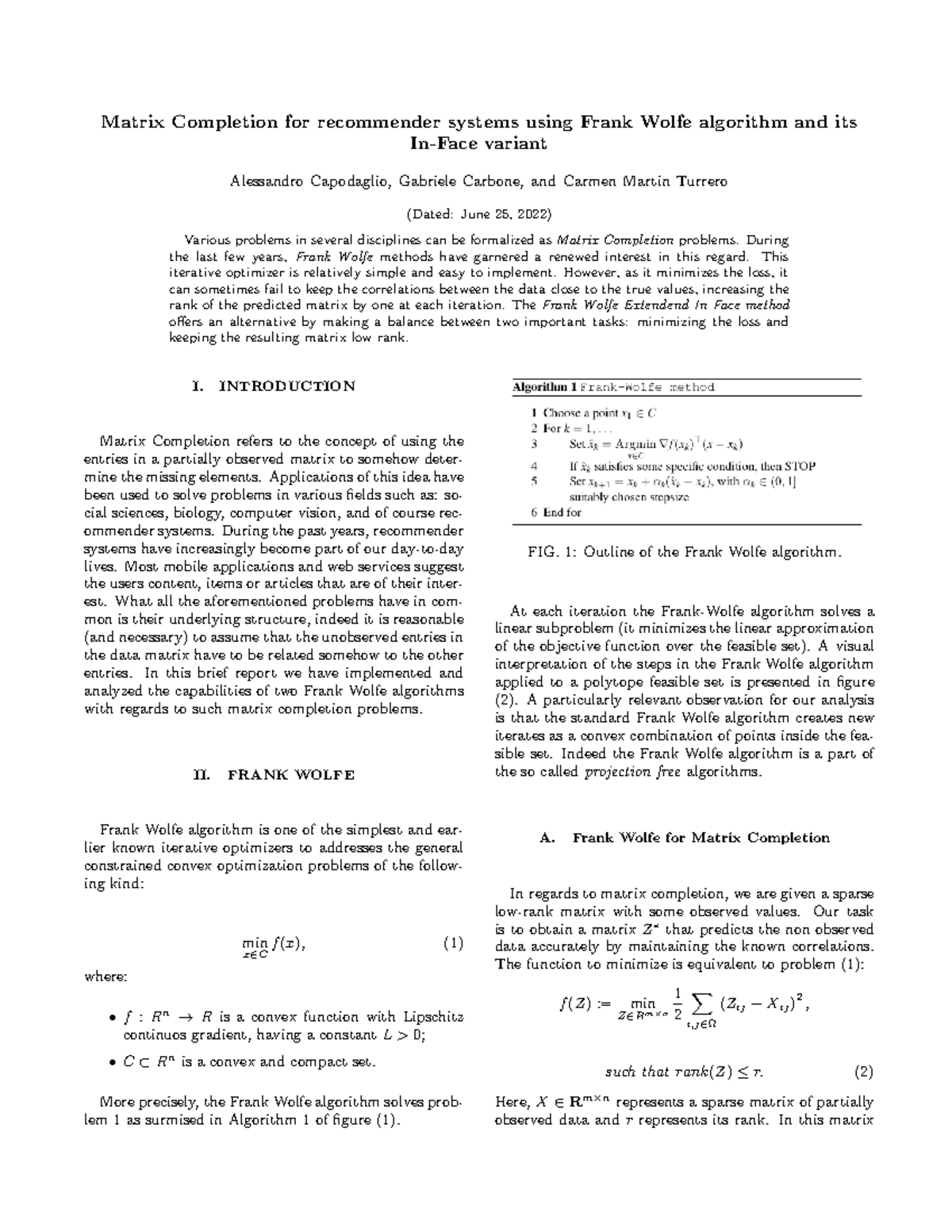 Report on Frank Wolfe and In-Face Variants for Matrix Completion - Studocu