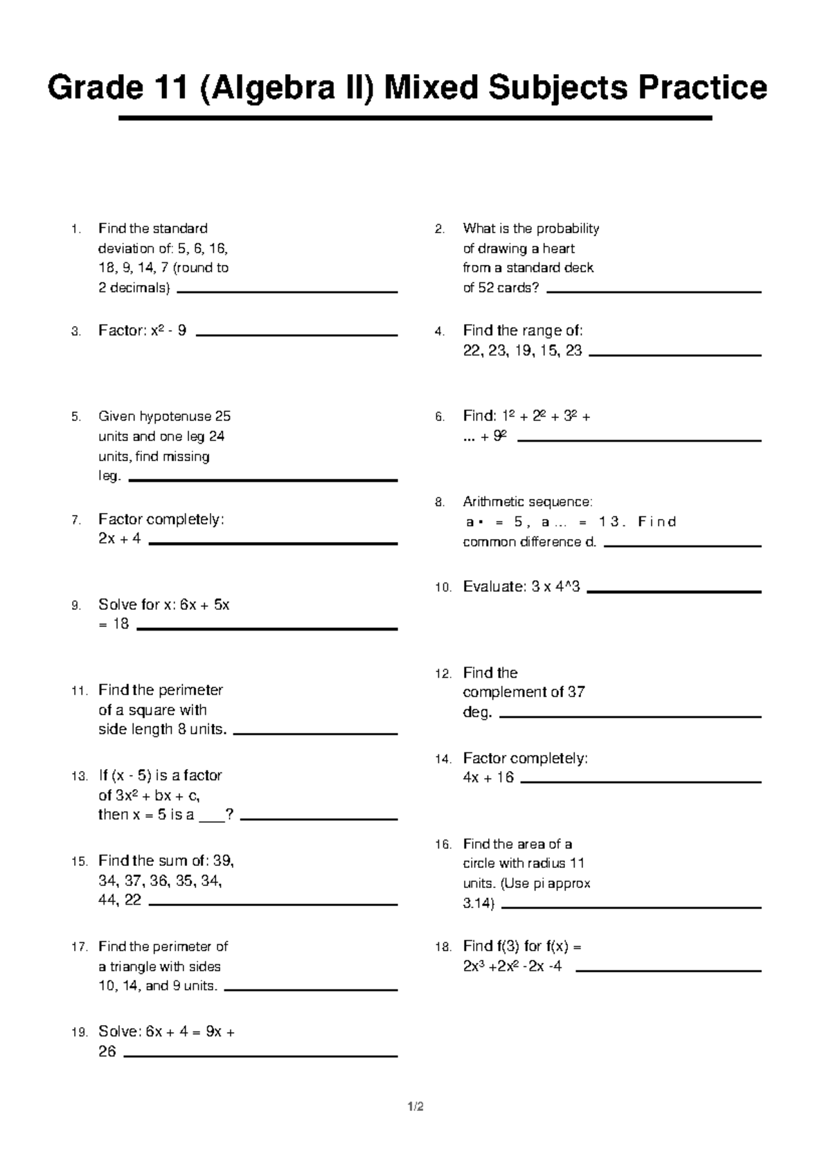 Grade 11 (Algebra II) Mixed Subjects Practice 8: Stats & Geometry - Studocu