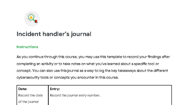 Cybersecurity Incident Handler's Journal Template - Studocu