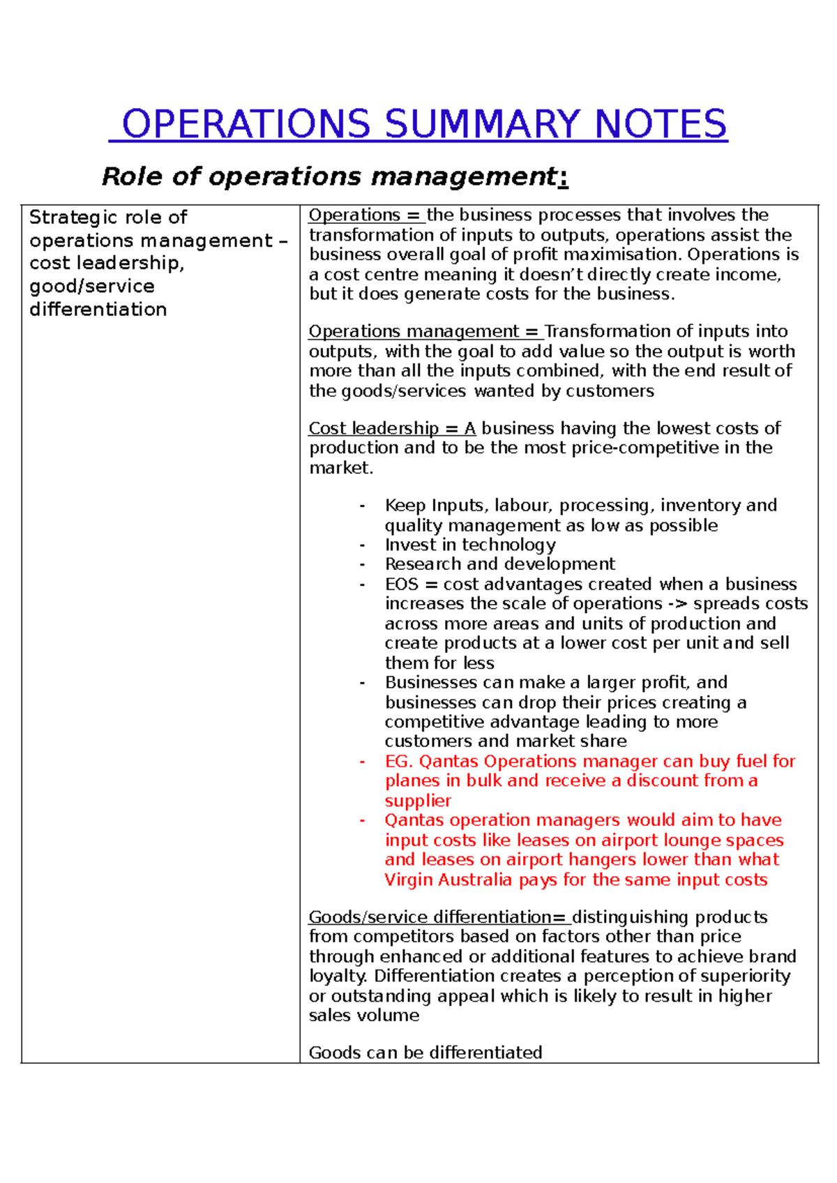 Operations Summary Notes - OPERATIONS SUMMARY NOTES Role of operations ...