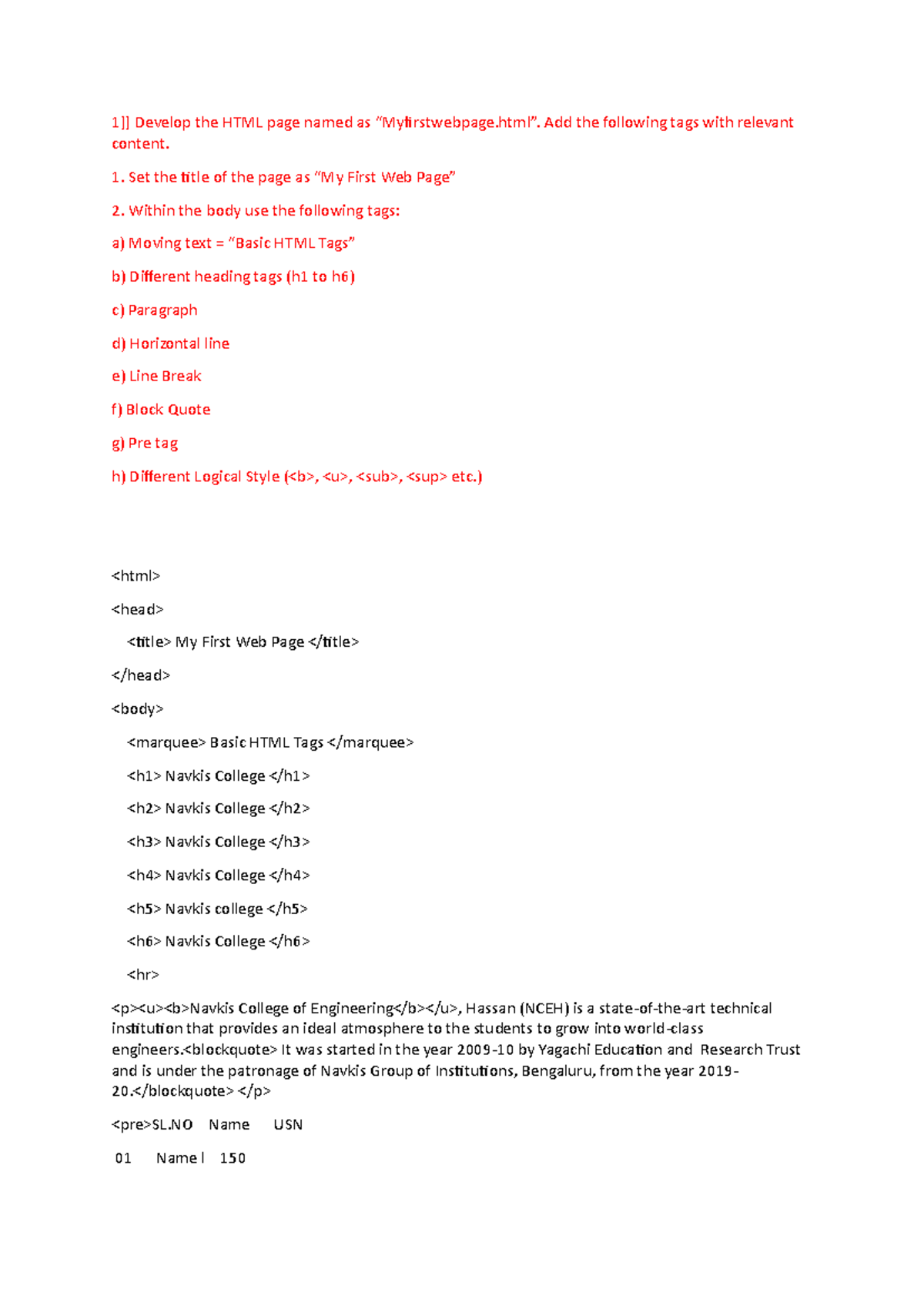 Web Lab 1-10: Practical HTML and CSS Examples and Exercises - Studocu