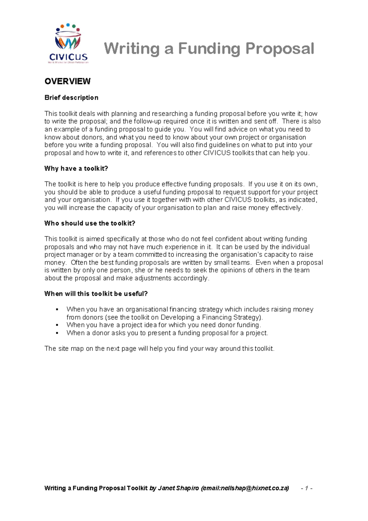 Writing a Funding Proposal Toolkit - co) - 1 - OVERVIEW Brief ...