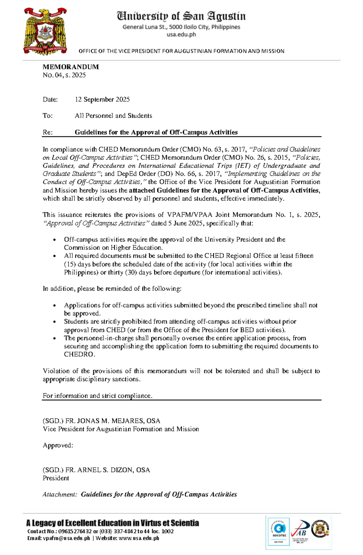 VPFM Memo No. 04, S. 2025: Guidelines for Off-Campus Activities - Studocu