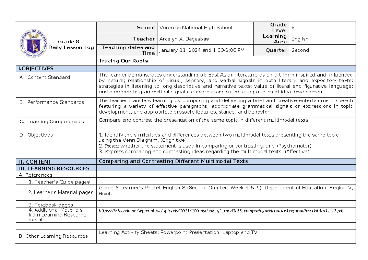 C02 G8 - class observation - Grade 8 Daily Lesson Log School Veronica ...