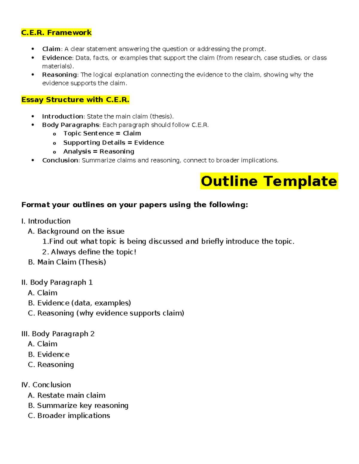 C.E.R. Essay Outline Guide - Sc CER Essay Outline-4 - Studocu