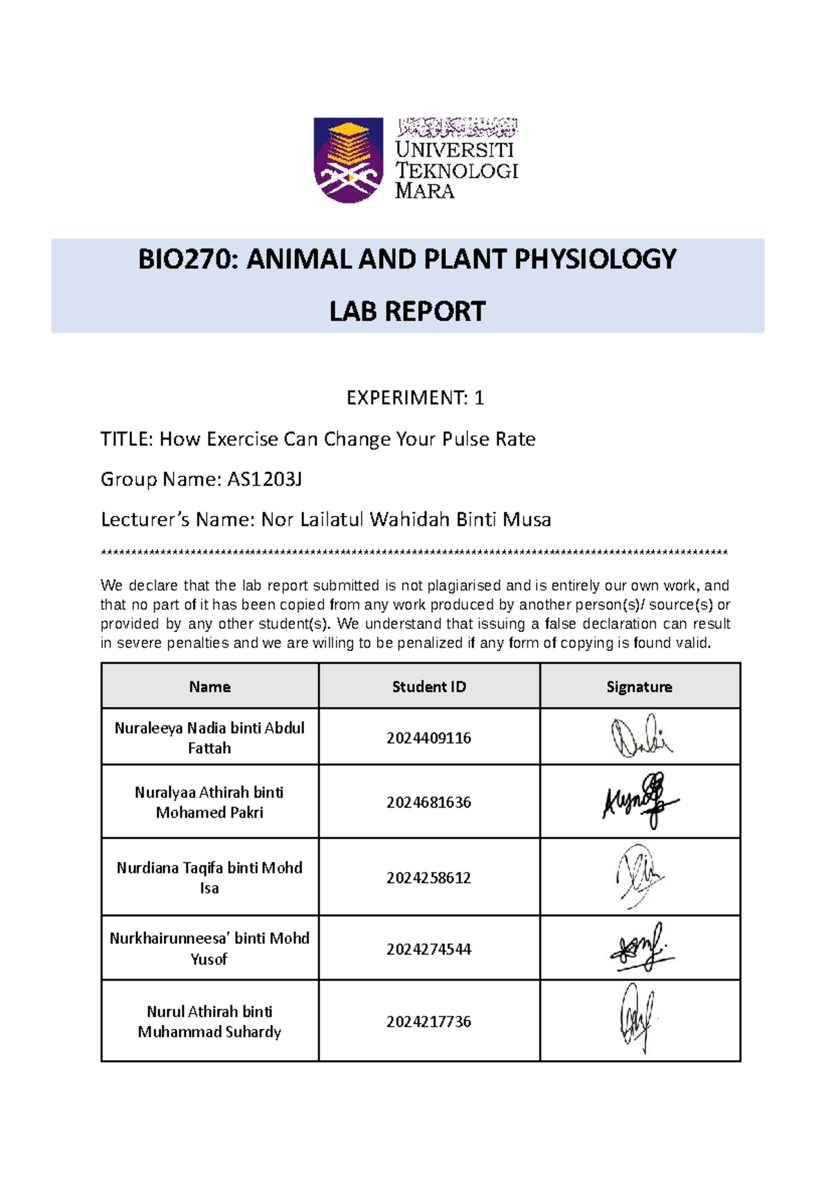Lab Report BIO270: Effects of Exercise on Pulse Rate Variations - Studocu