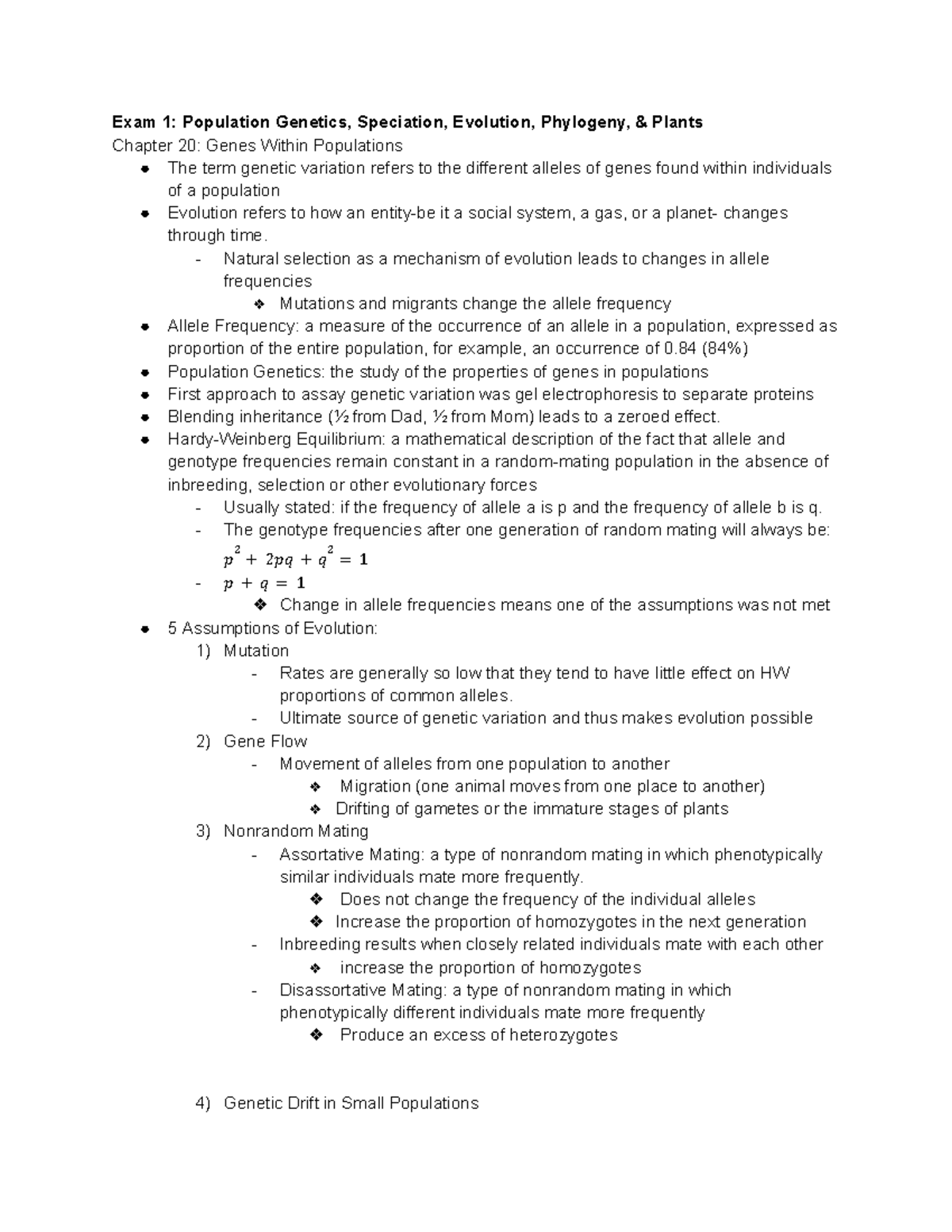 Exam 1: Population Genetics, Speciation, and Evolution Practice Exam ...