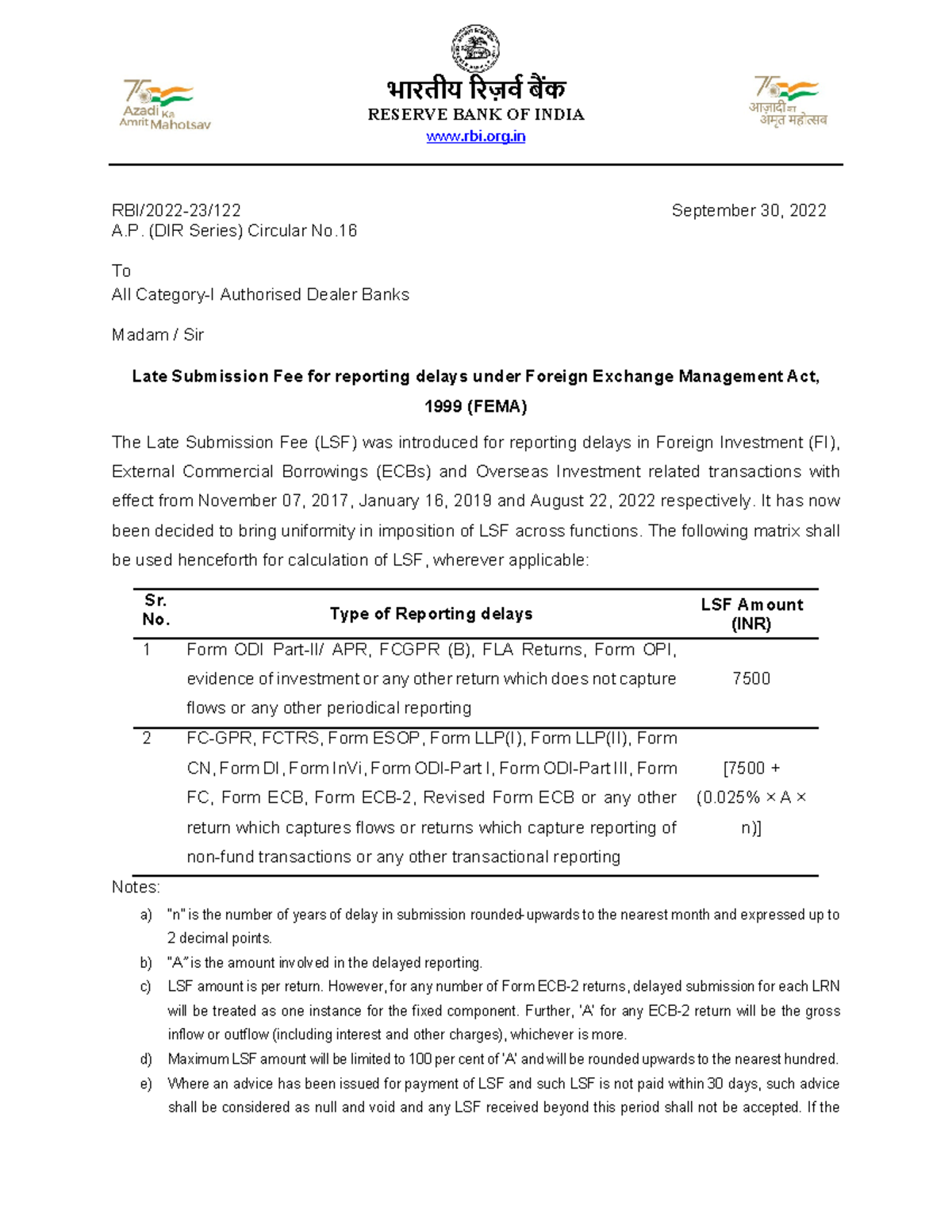 LSF Guidelines for Reporting Delays under FEMA - RBI Circular No. 16 ...