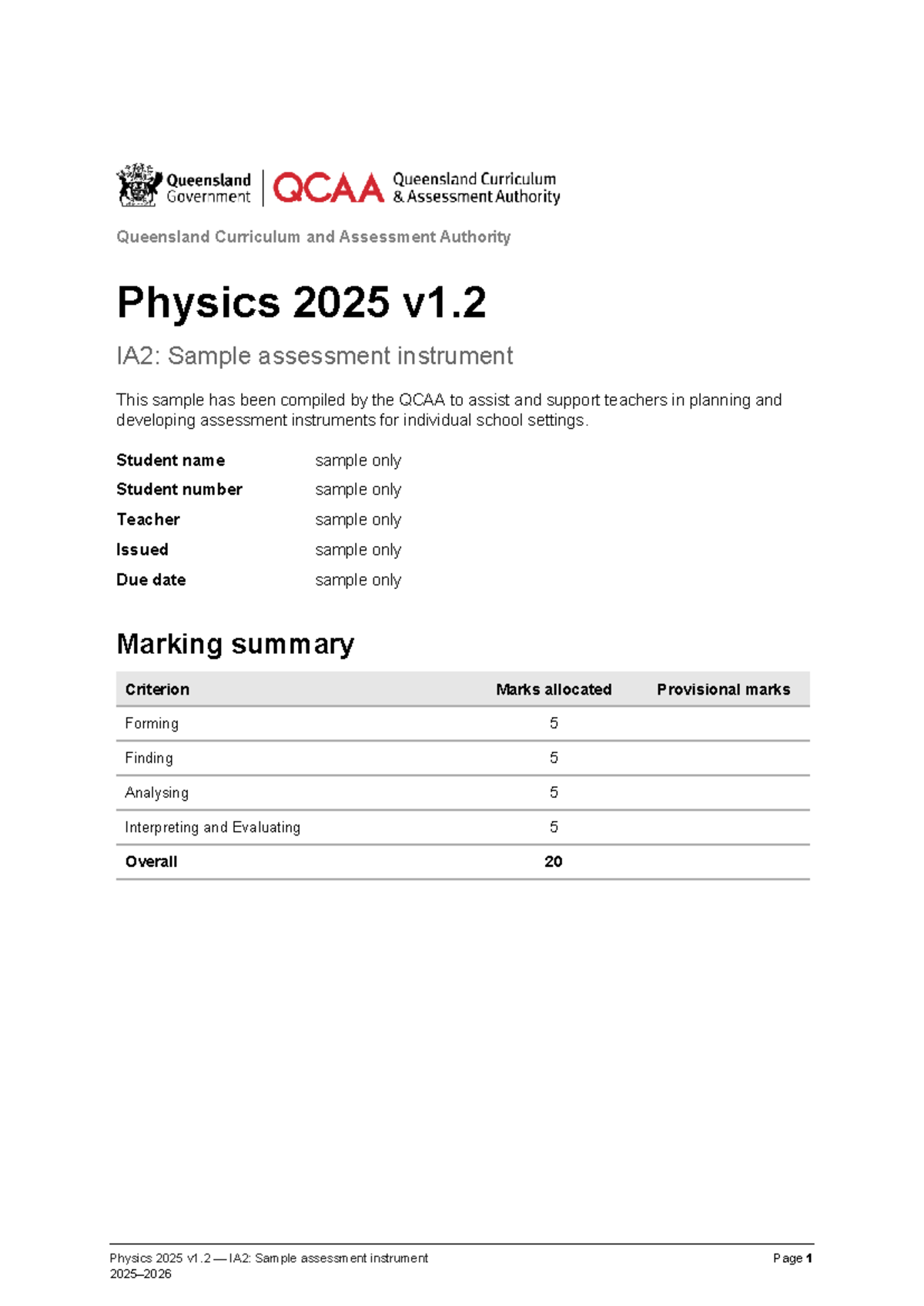 Physics 2025 v1.2 IA2: Sample Assessment Instrument for Unit 3 - Studocu