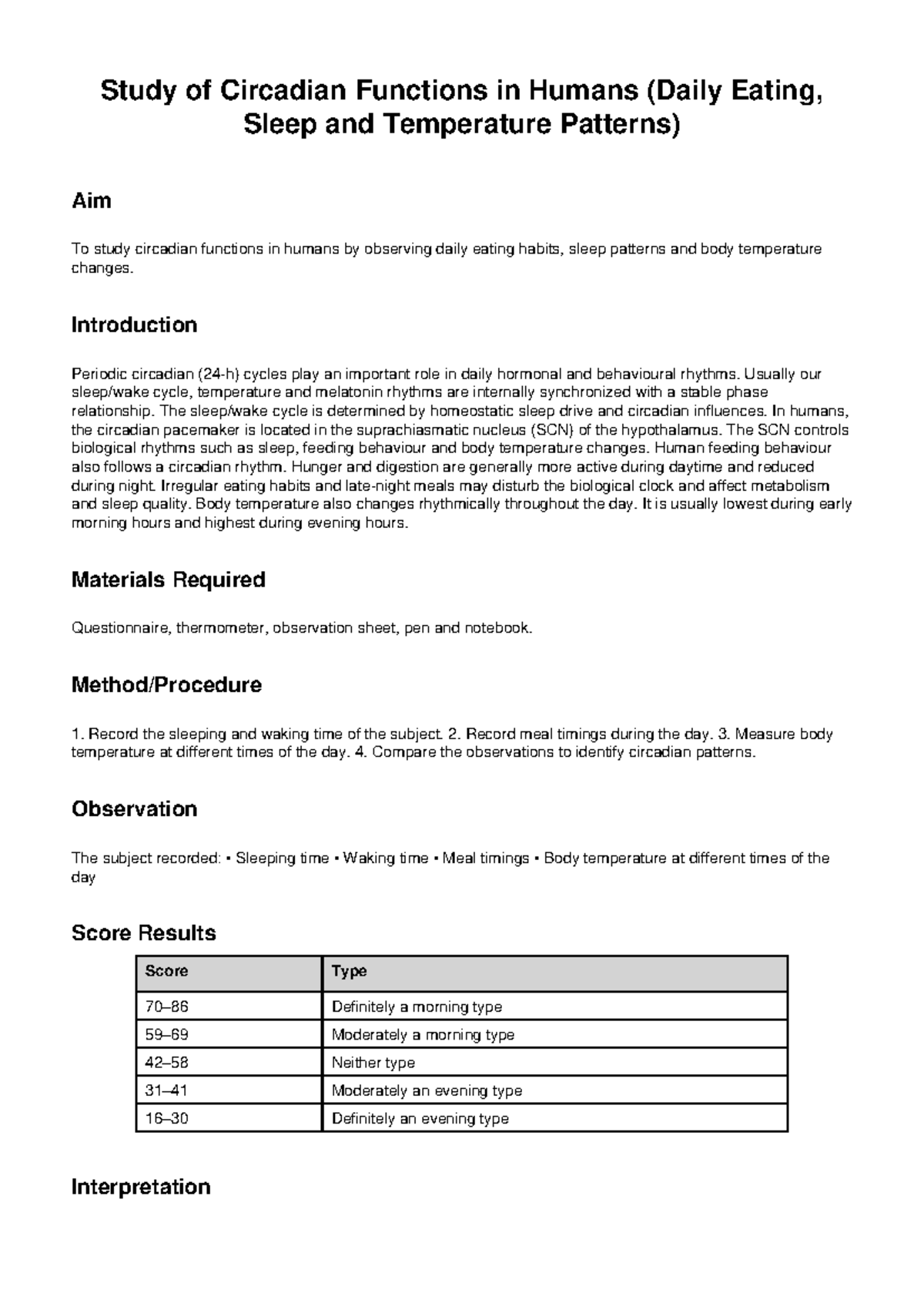 Circadian Functions Practical: Daily Eating, Sleep & Temp Patterns ...
