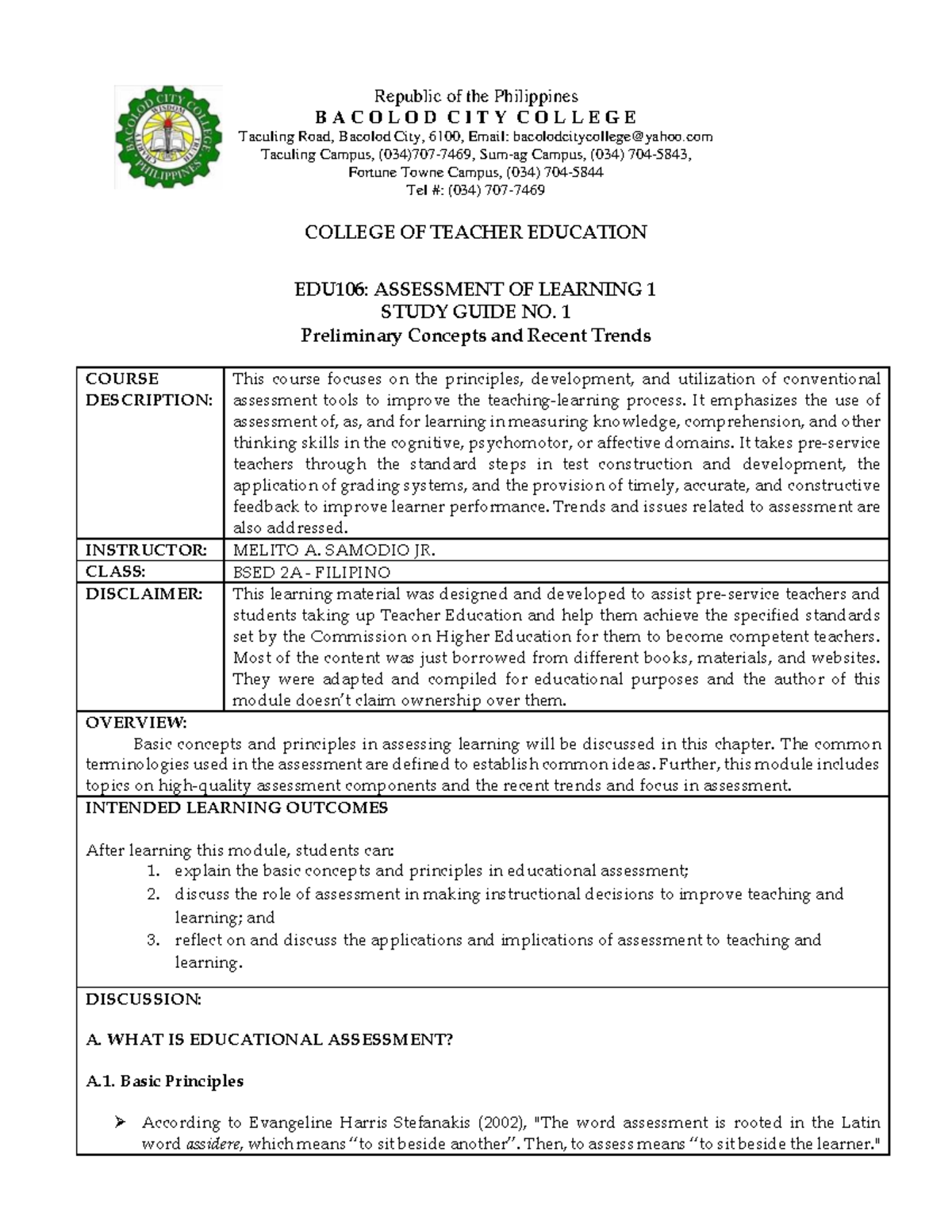 EDU106: Assessment of Learning 1 Study Guide No. 1 - Studocu
