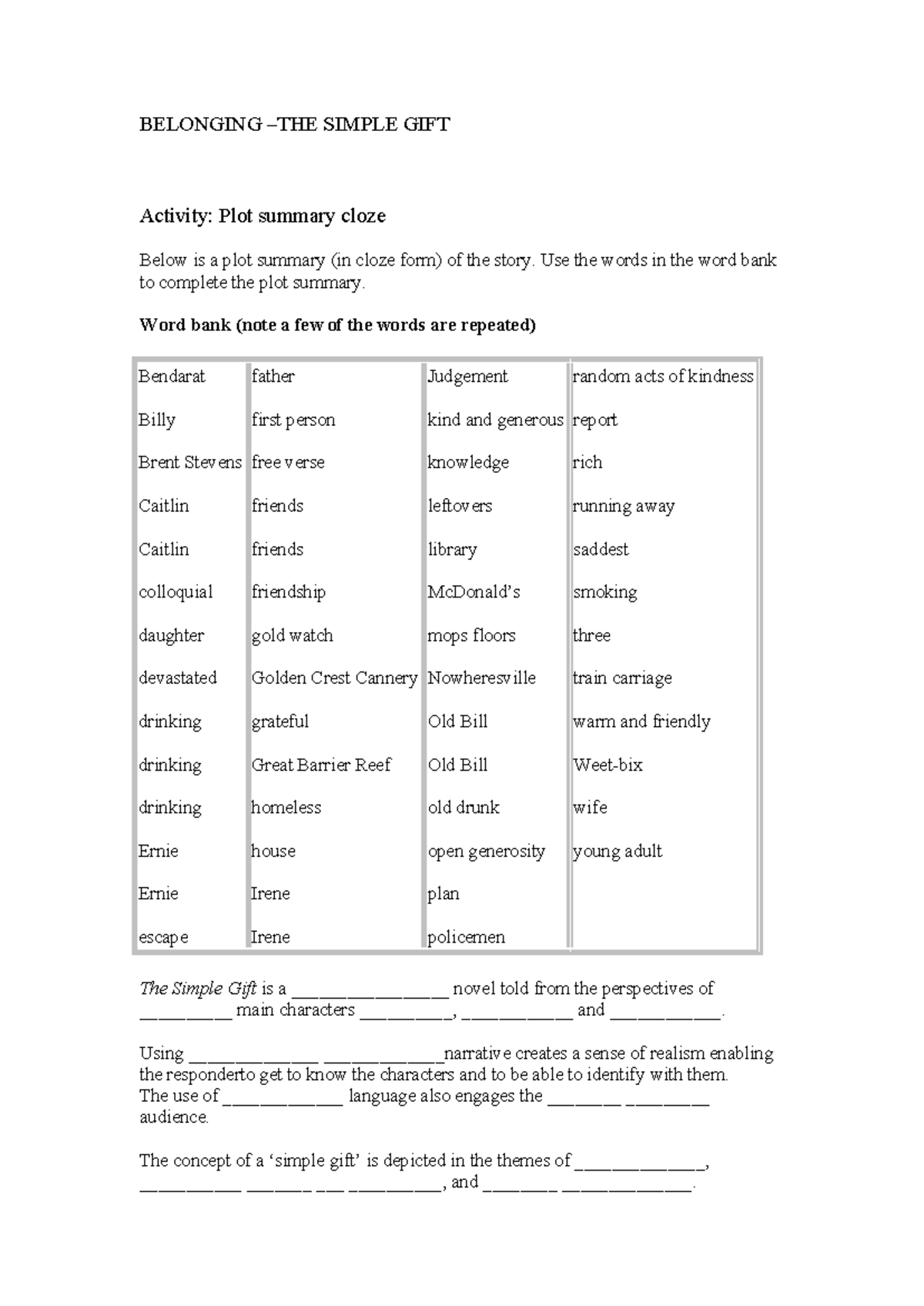 BELONGING (ENG101) Simple Gift Activity: Plot Summary Cloze Exercise ...