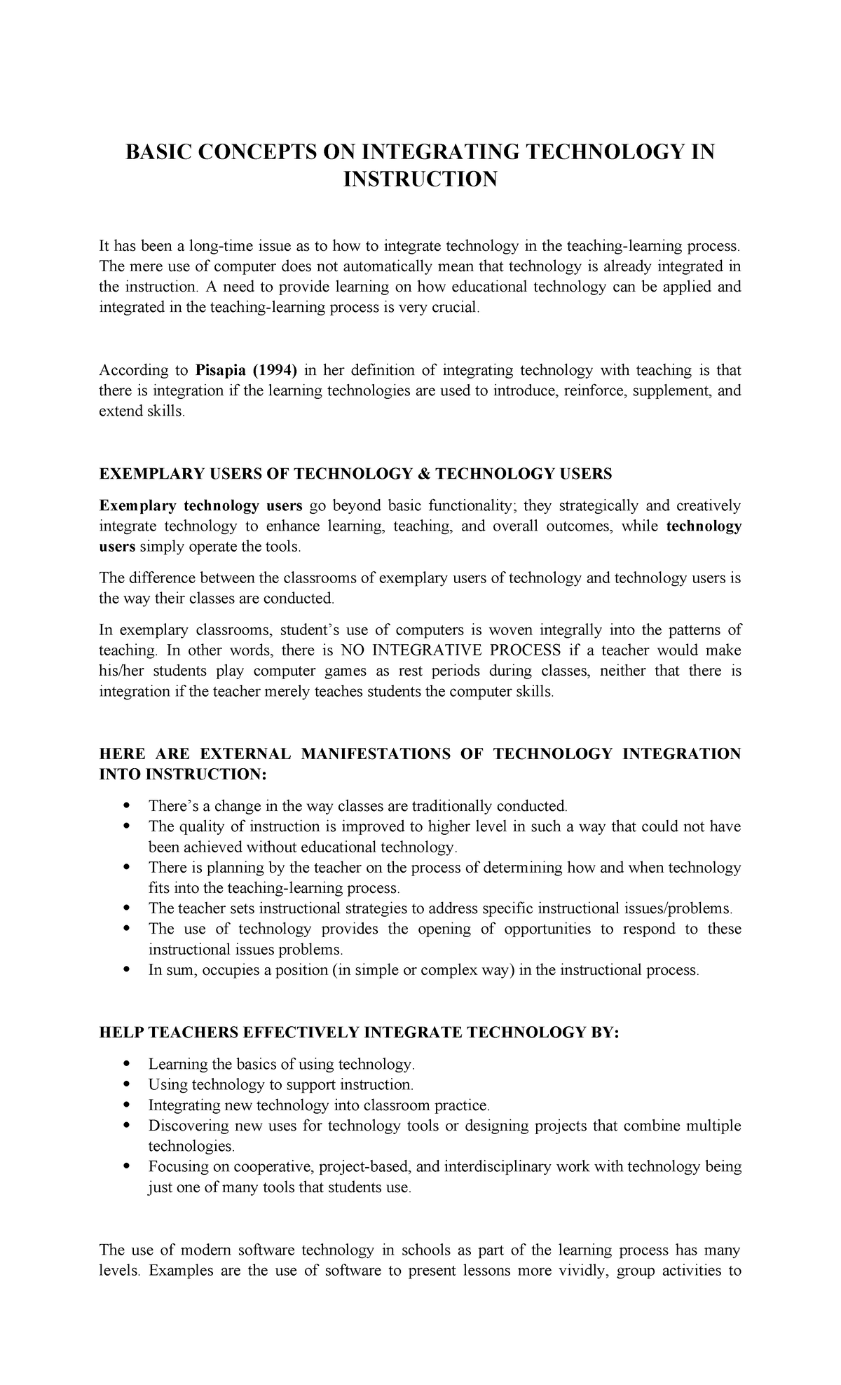 BASIC CONCEPTS ON INTEGRATING TECHNOLOGY IN INSTRUCTION Handout - Studocu