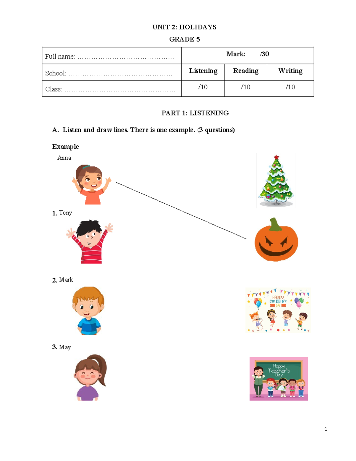 Grade 5 Holiday Listening & Reading Activities - TA5 Unit 2 - Studocu
