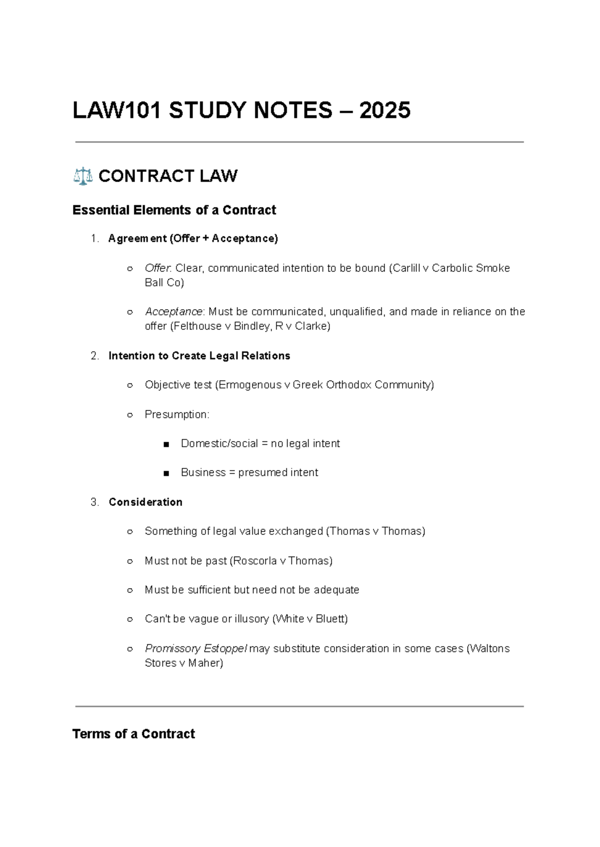 LAW101 Study Notes 2025: Key Concepts in Contract & Consumer Law - Studocu