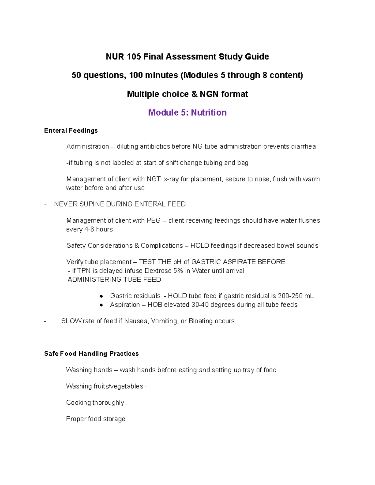 NUR 105 Final Assessment Study Guide: Nutrition, Sleep & Mobility - Studocu