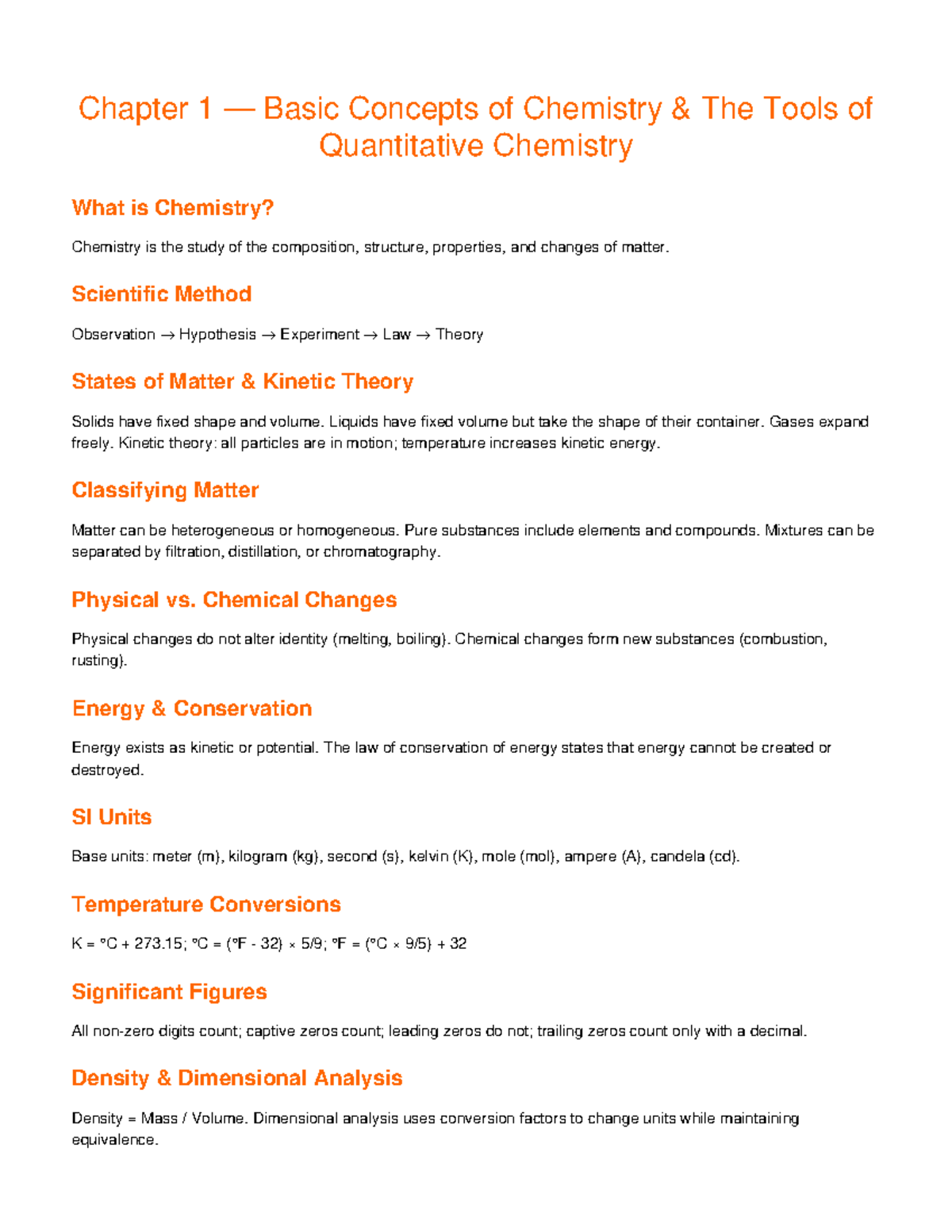 Chapter 1: Detailed Study Guide on Basic Chemistry Concepts - Studocu