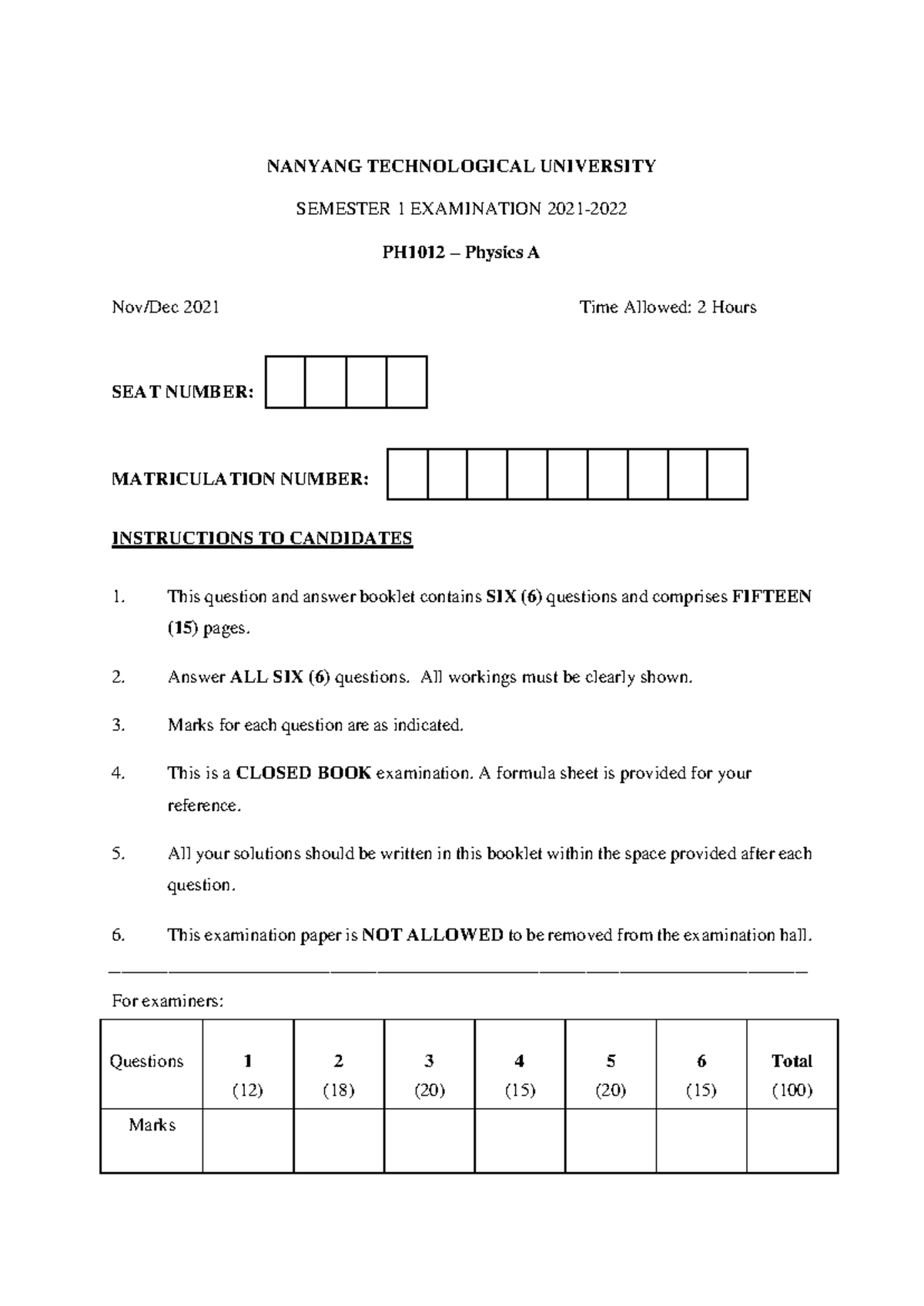 PH1012 Final Exam Paper - Physics A Semester 1 2021 - Studocu